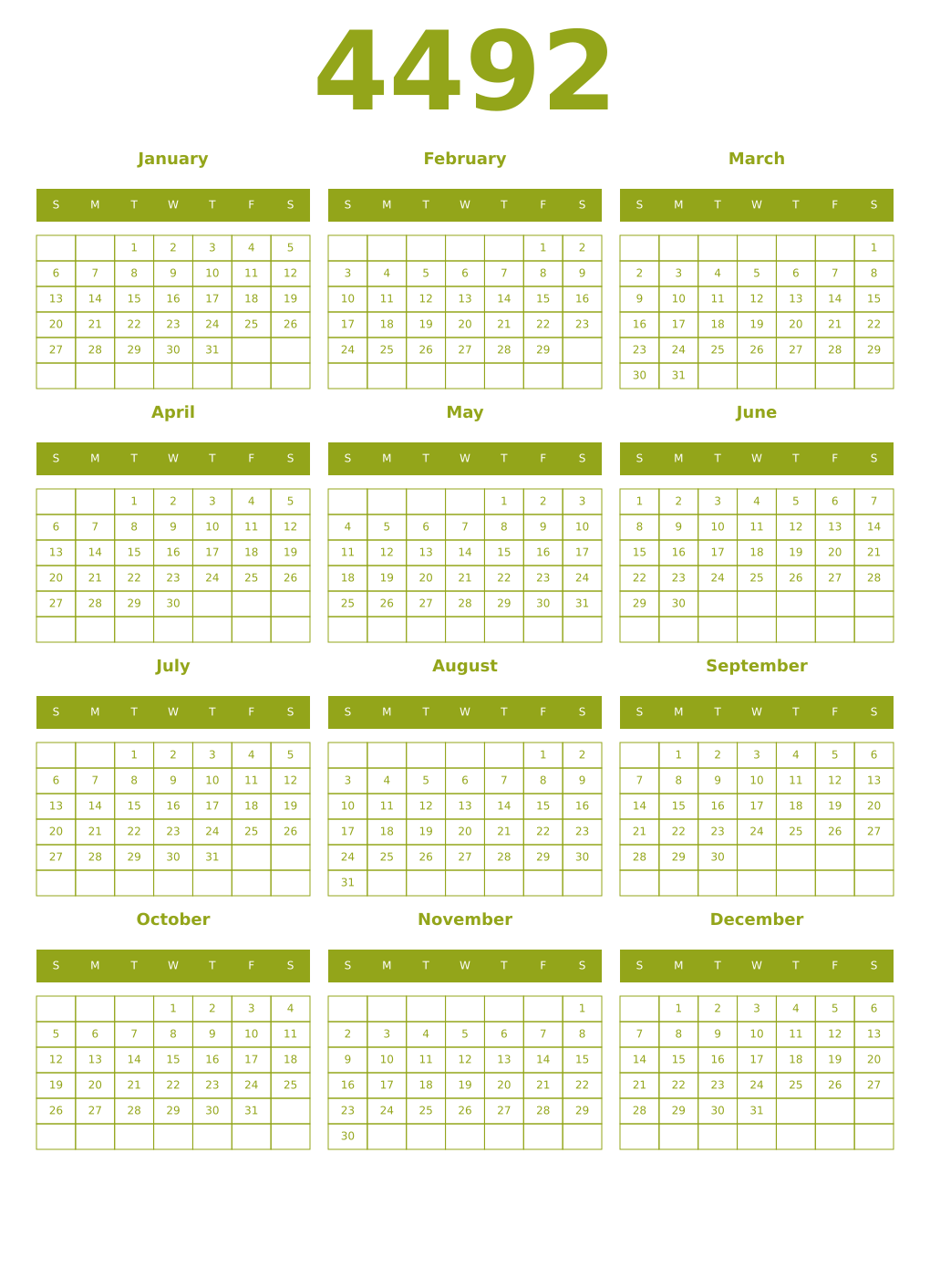 Printable 4492 Year Calendars chartreuse