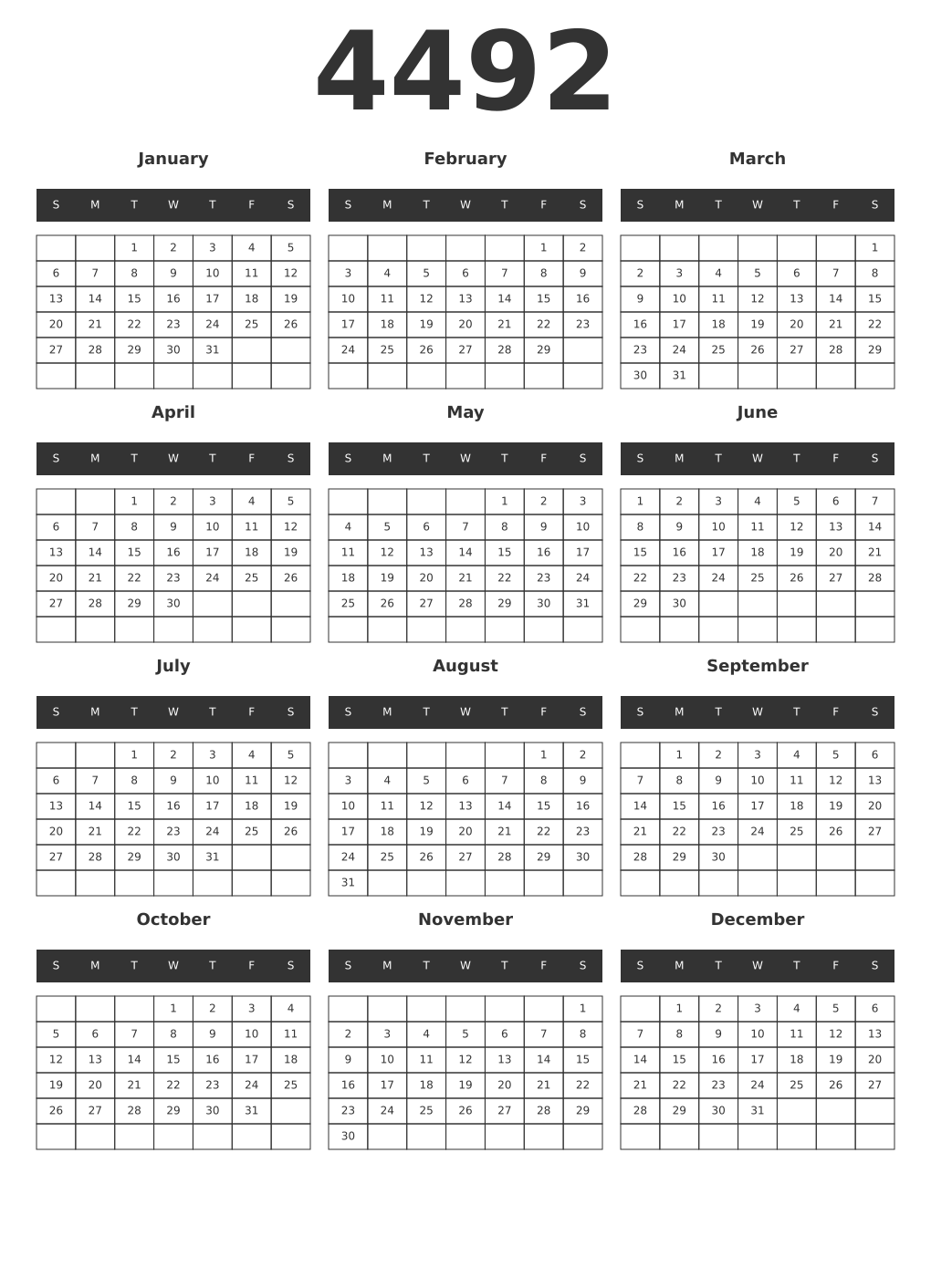 Printable 4492 Year Calendars dark