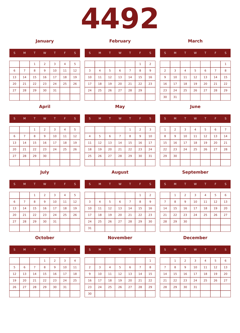 Printable 4492 Year Calendars falu
