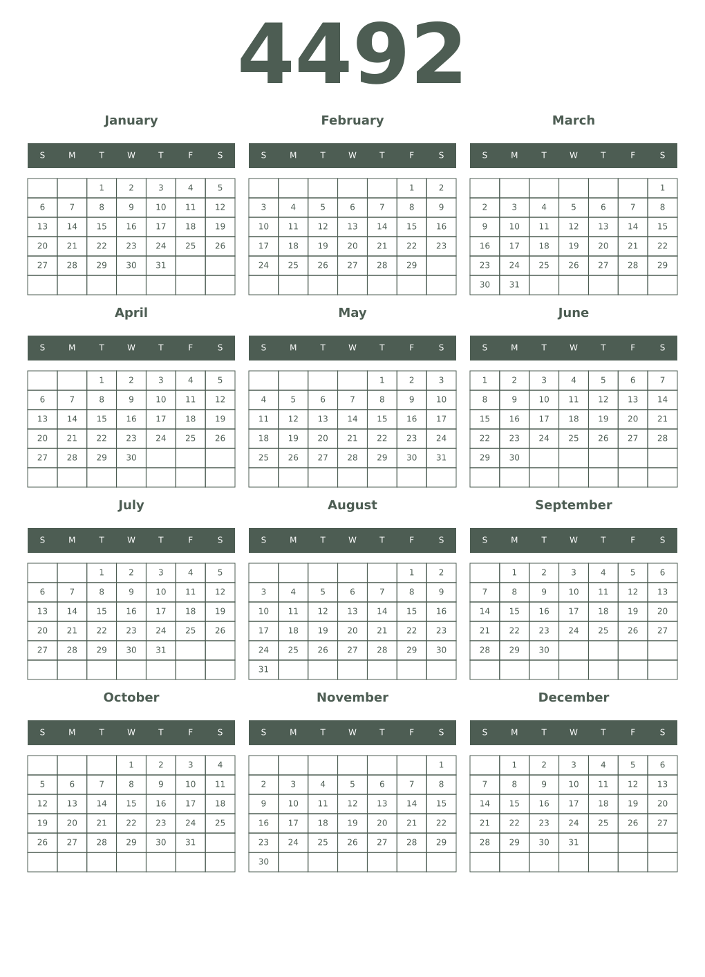 Printable 4492 Year Calendars feldgrau