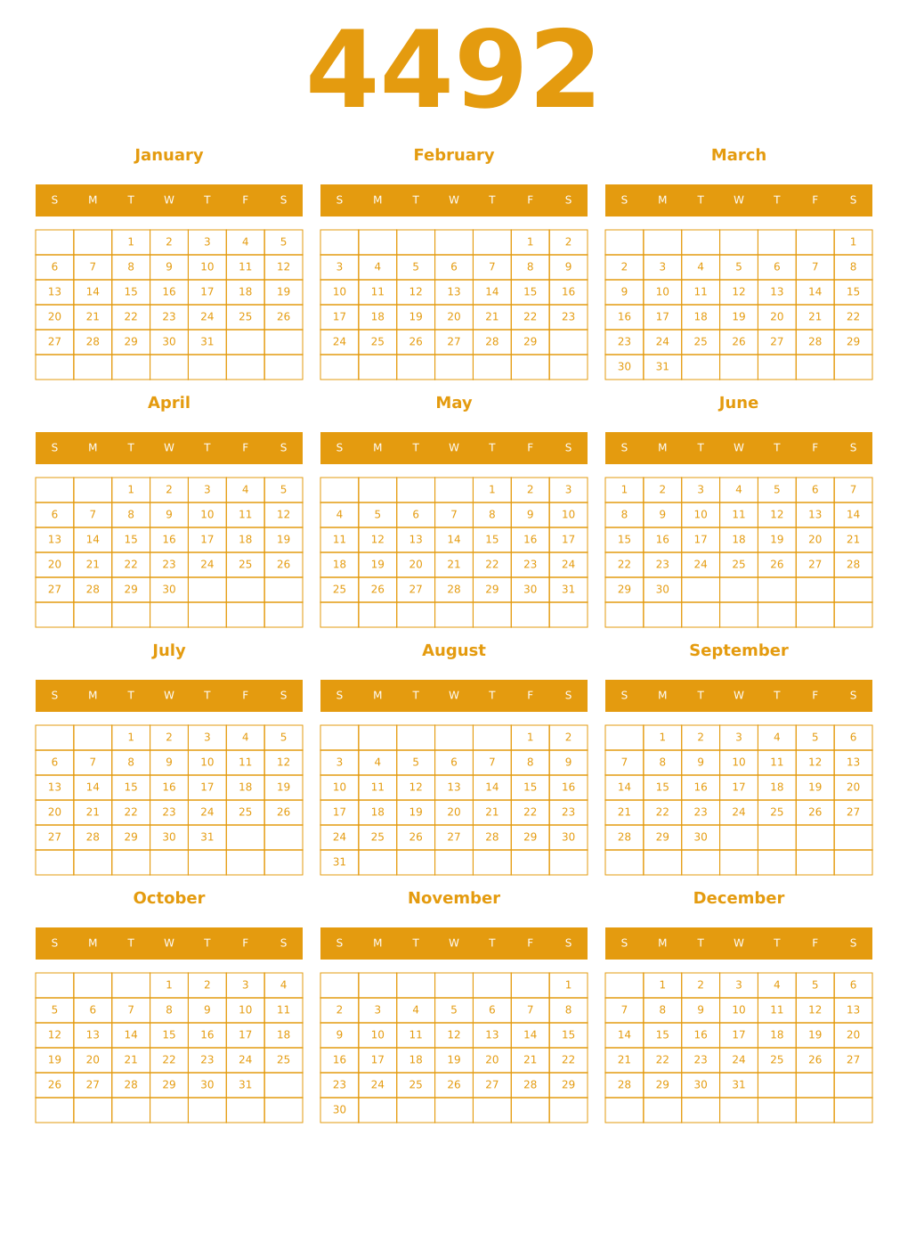 Printable 4492 Year Calendars gamboge
