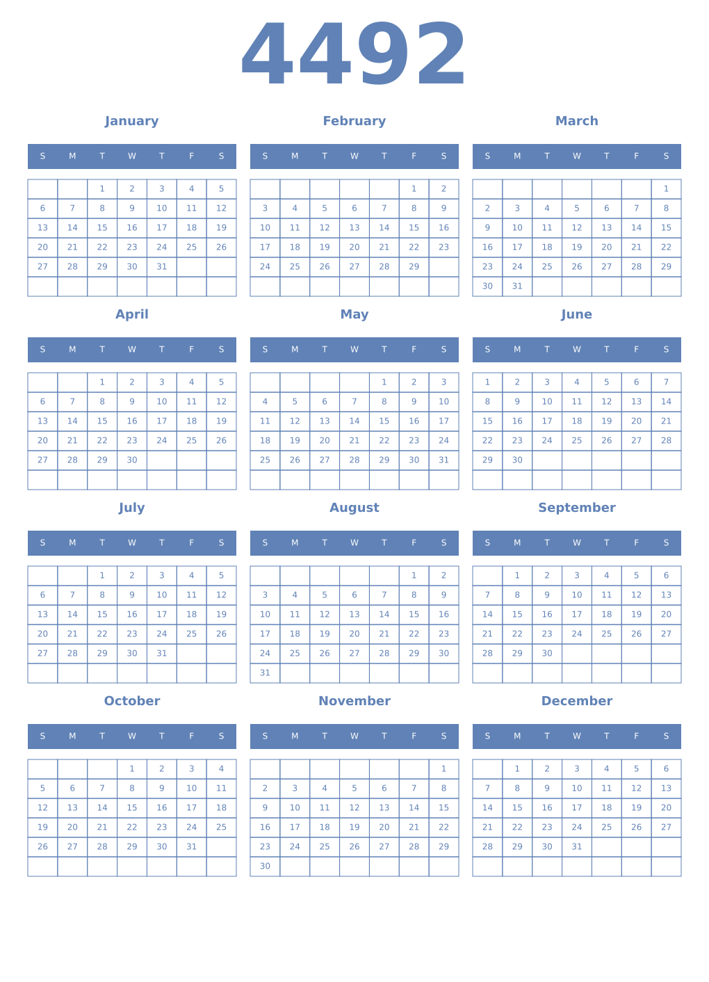 Printable 4492 Year Calendars glaucous