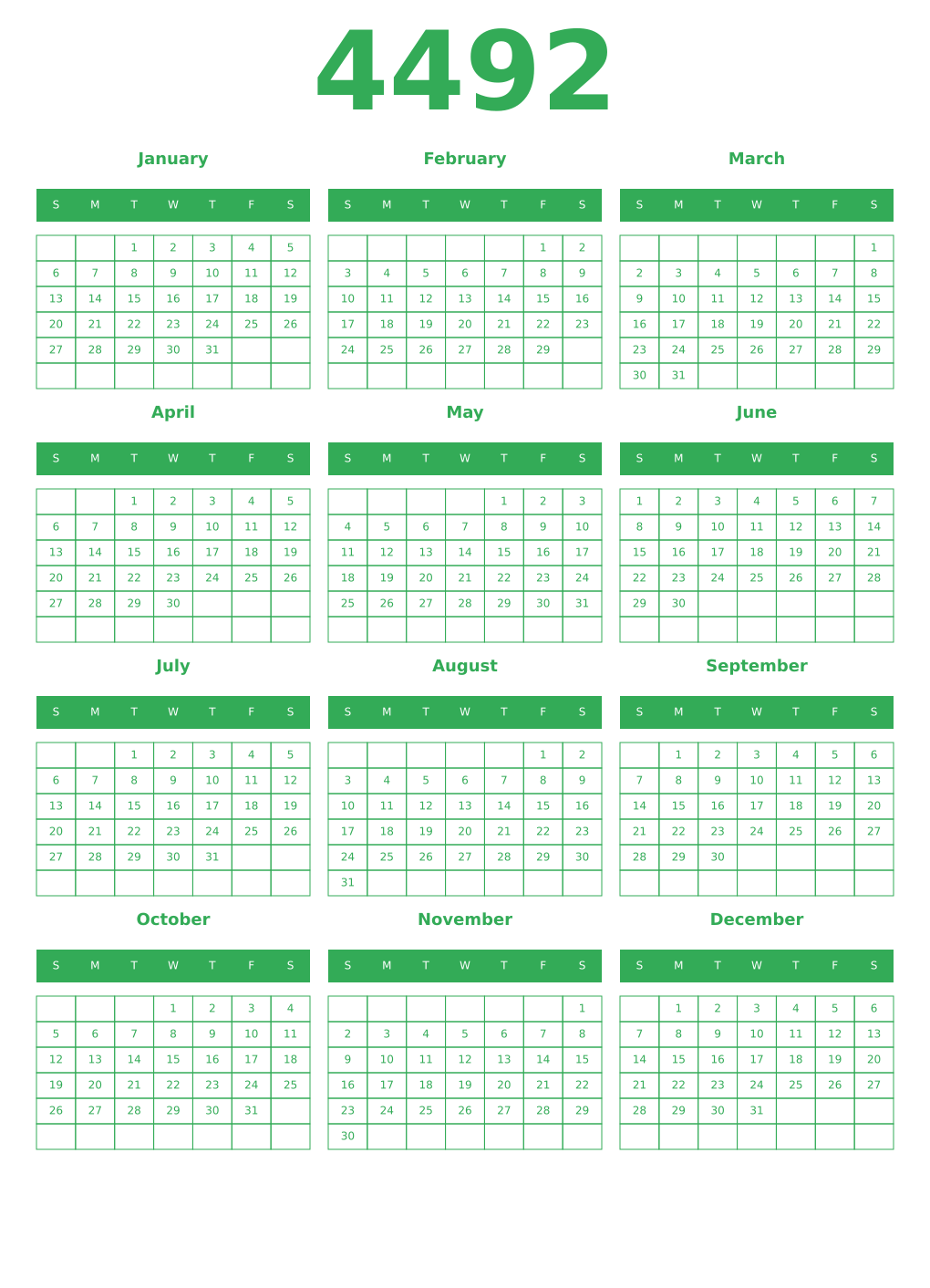 Printable 4492 Year Calendars green
