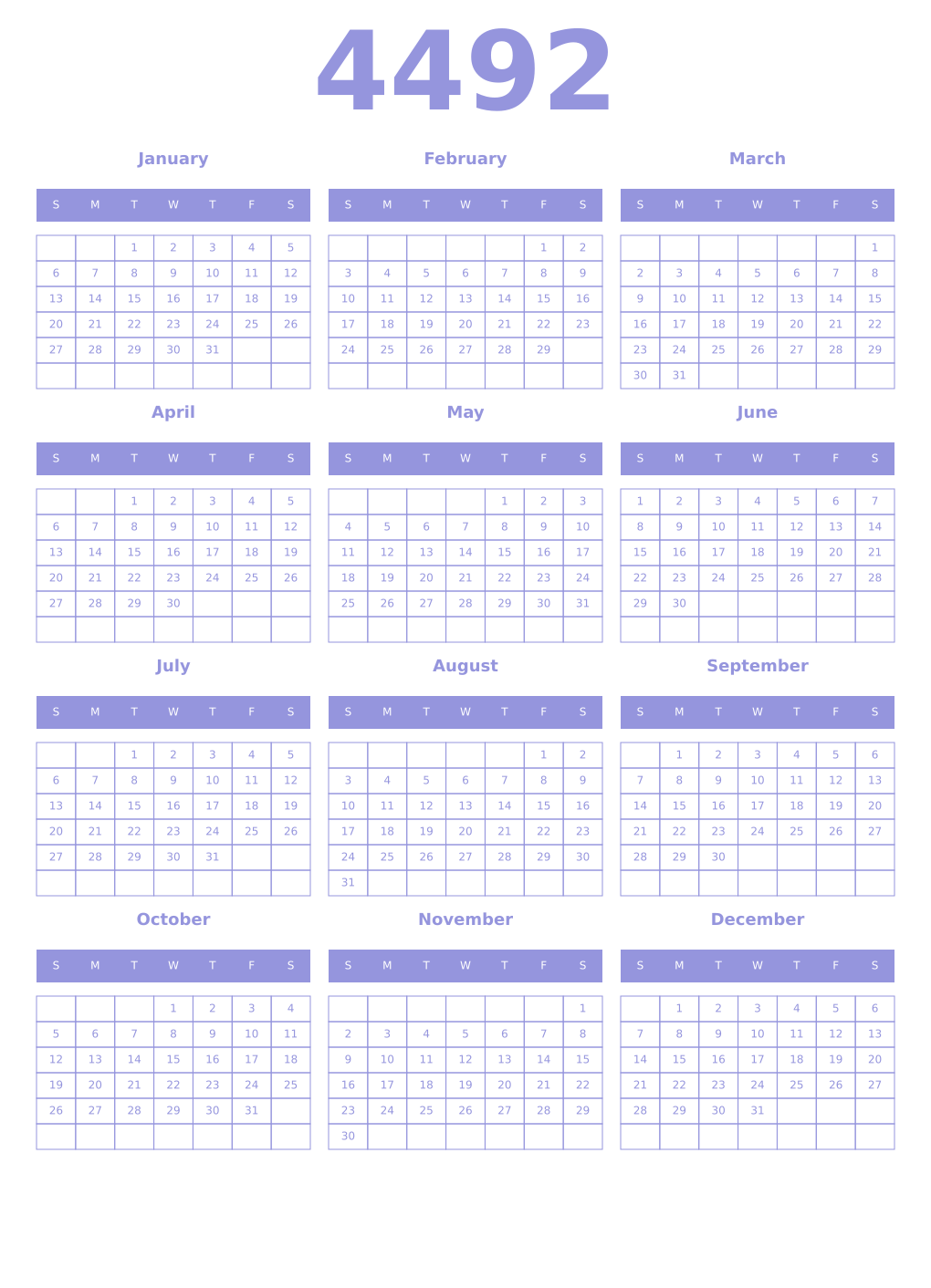 Printable 4492 Year Calendars periwinkle