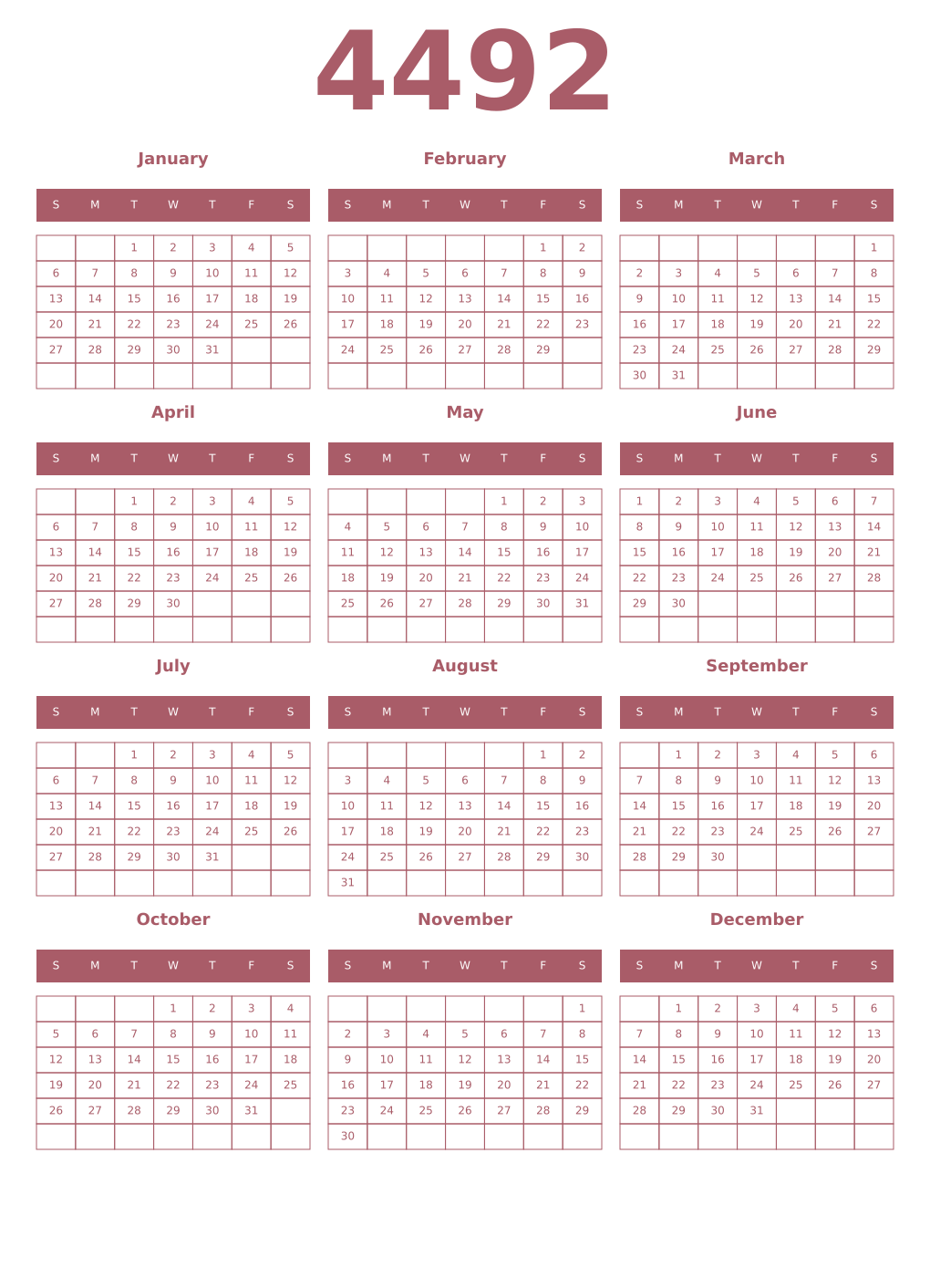 Printable 4492 Year Calendars puce