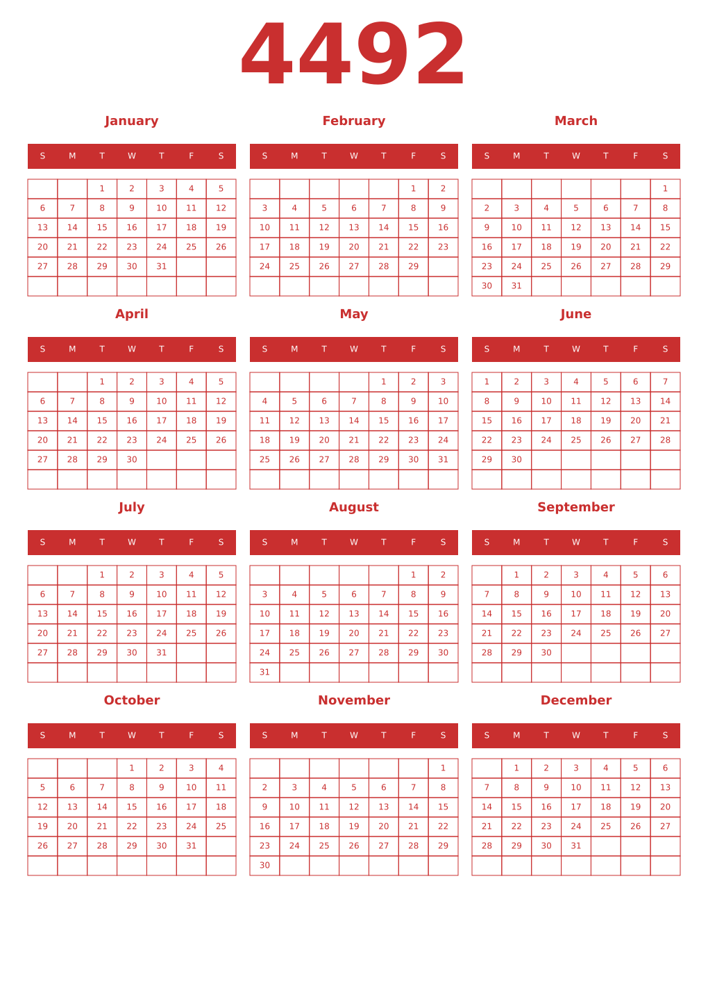 Printable 4492 Year Calendars red