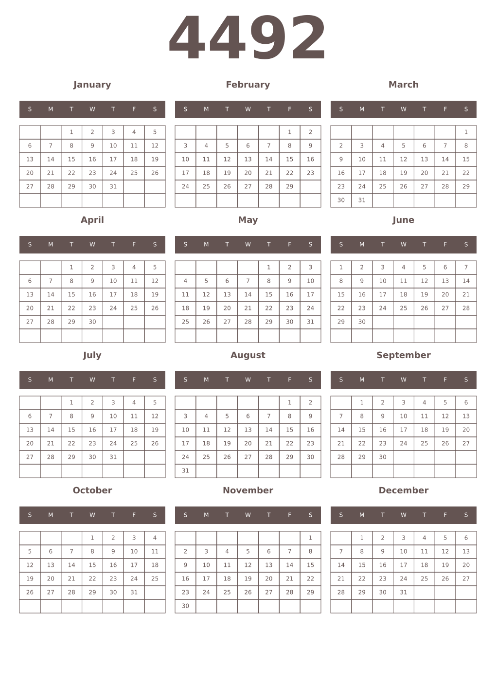 Printable 4492 Year Calendars wenge