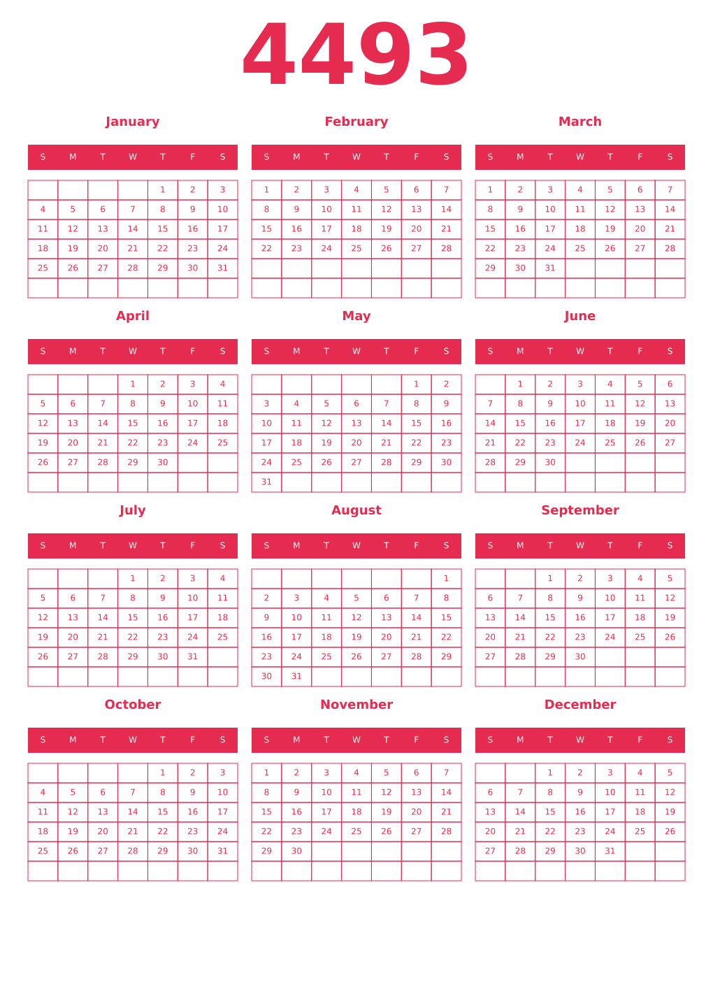 Printable 4493 Year Calendars amaranth