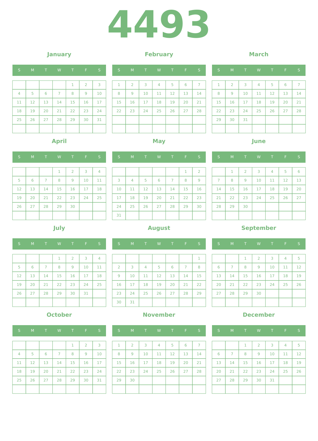 Printable 4493 Year Calendars celadon