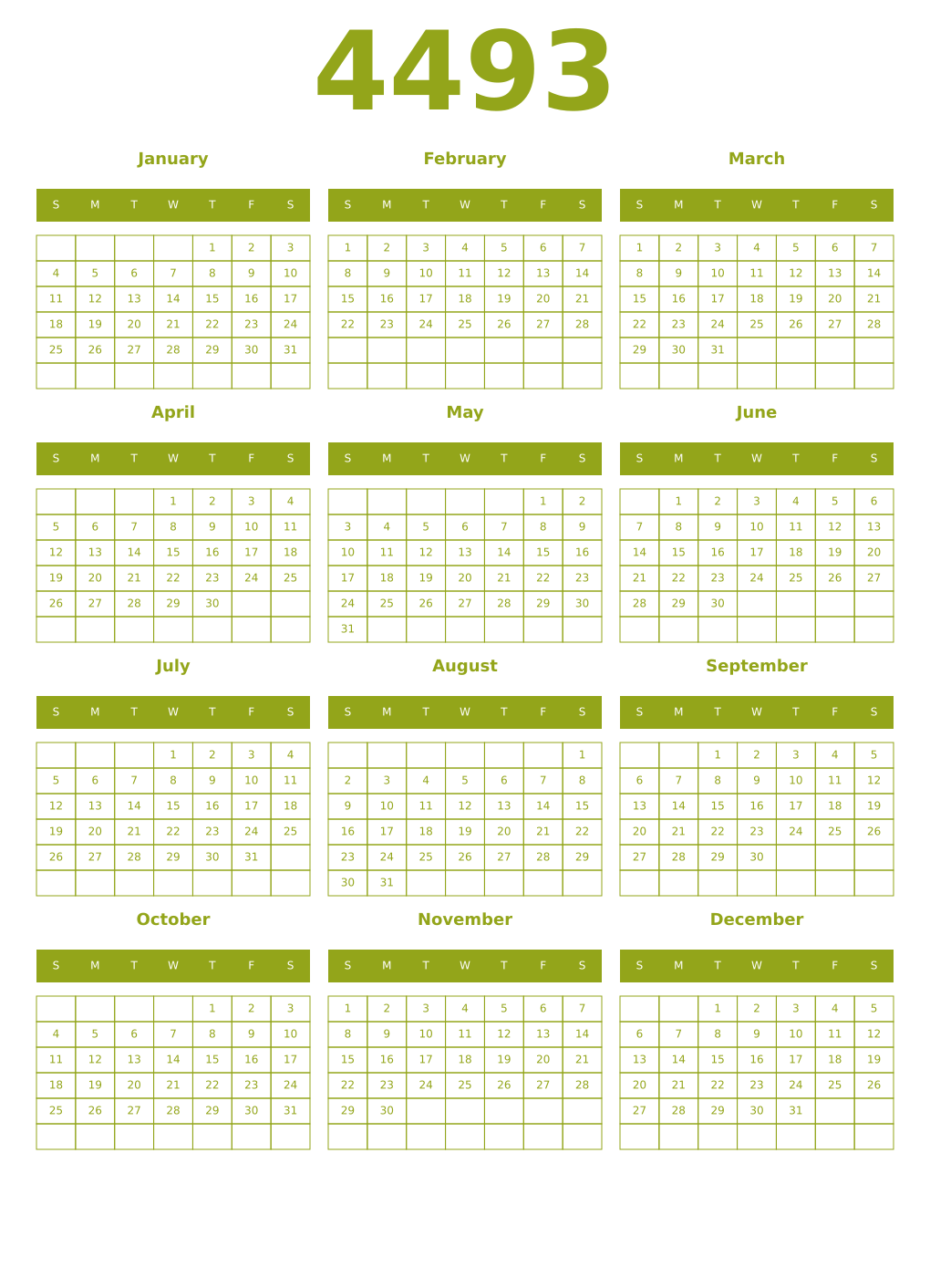Printable 4493 Year Calendars chartreuse