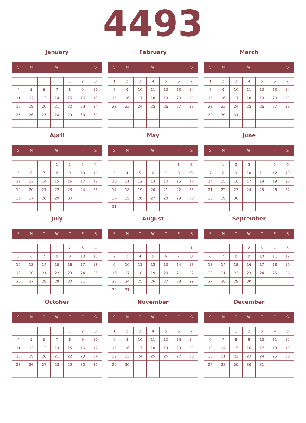 Printable 4493 Year Calendars cordovan