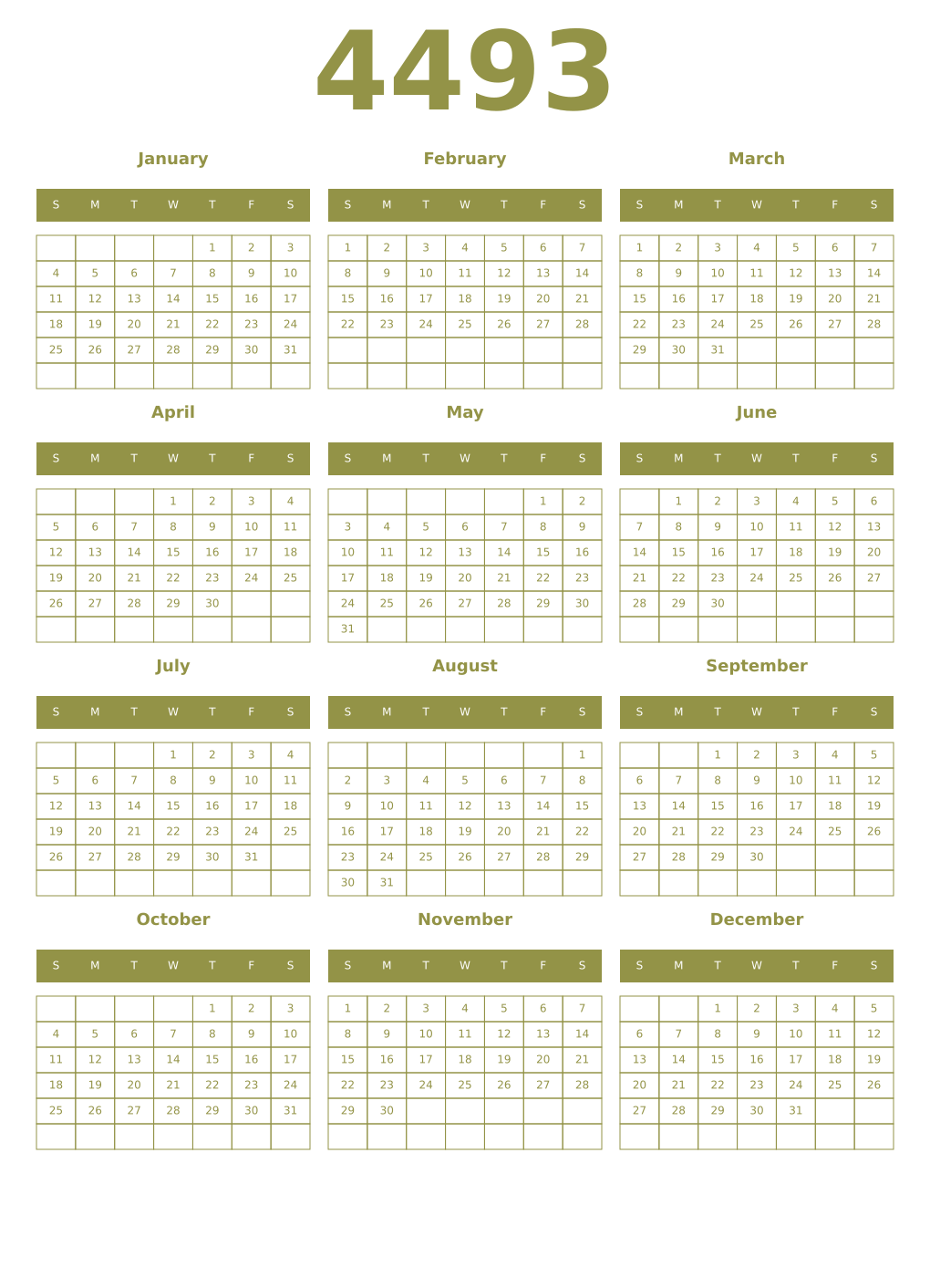Printable 4493 Year Calendars eburnean