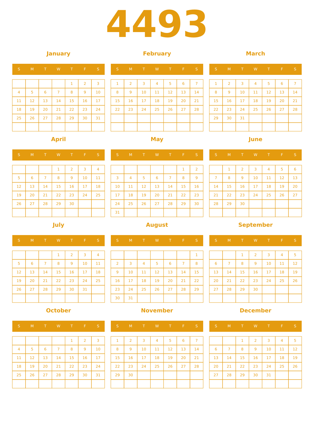 Printable 4493 Year Calendars gamboge