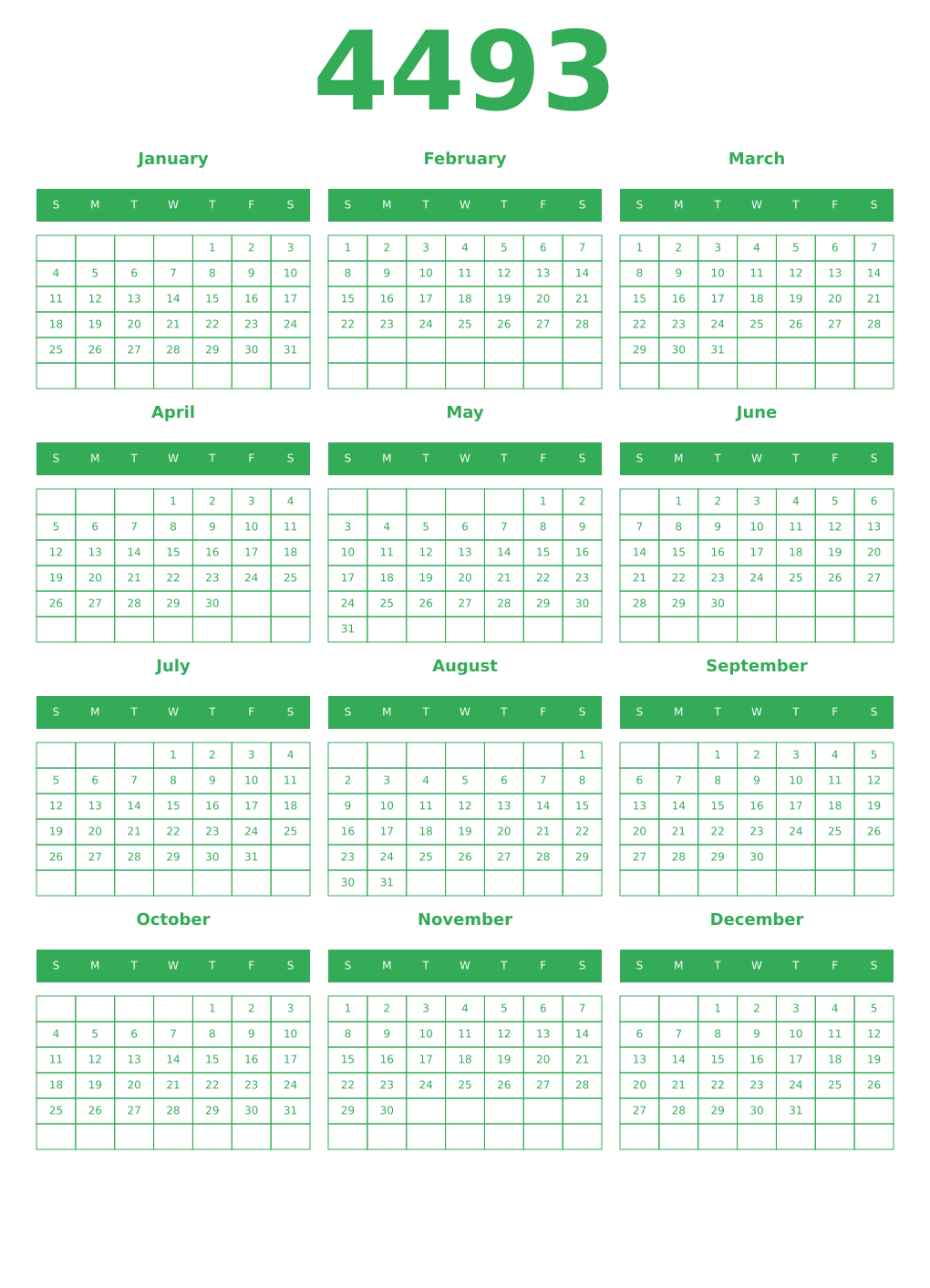 Printable 4493 Year Calendars green