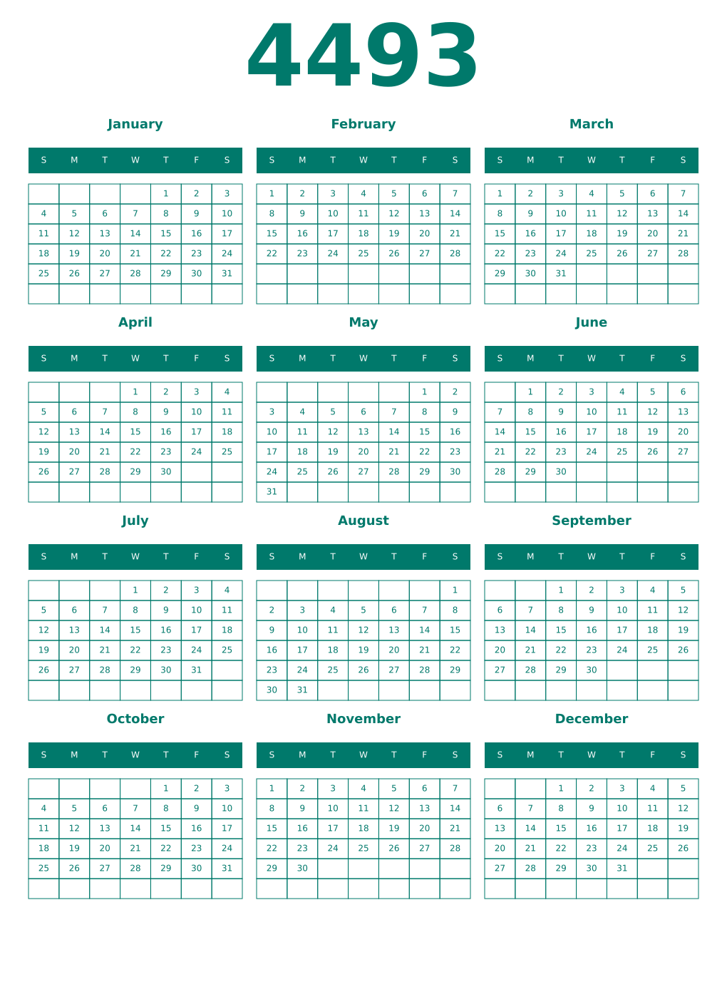 Printable 4493 Year Calendars pastel