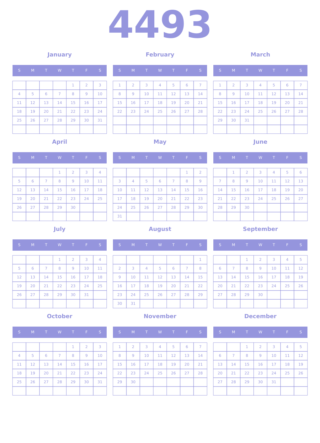 Printable 4493 Year Calendars periwinkle