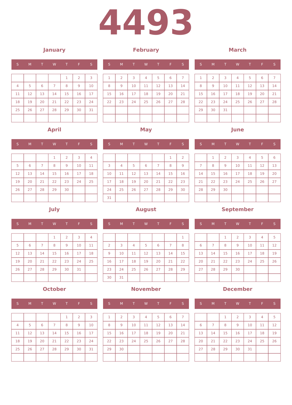Printable 4493 Year Calendars puce