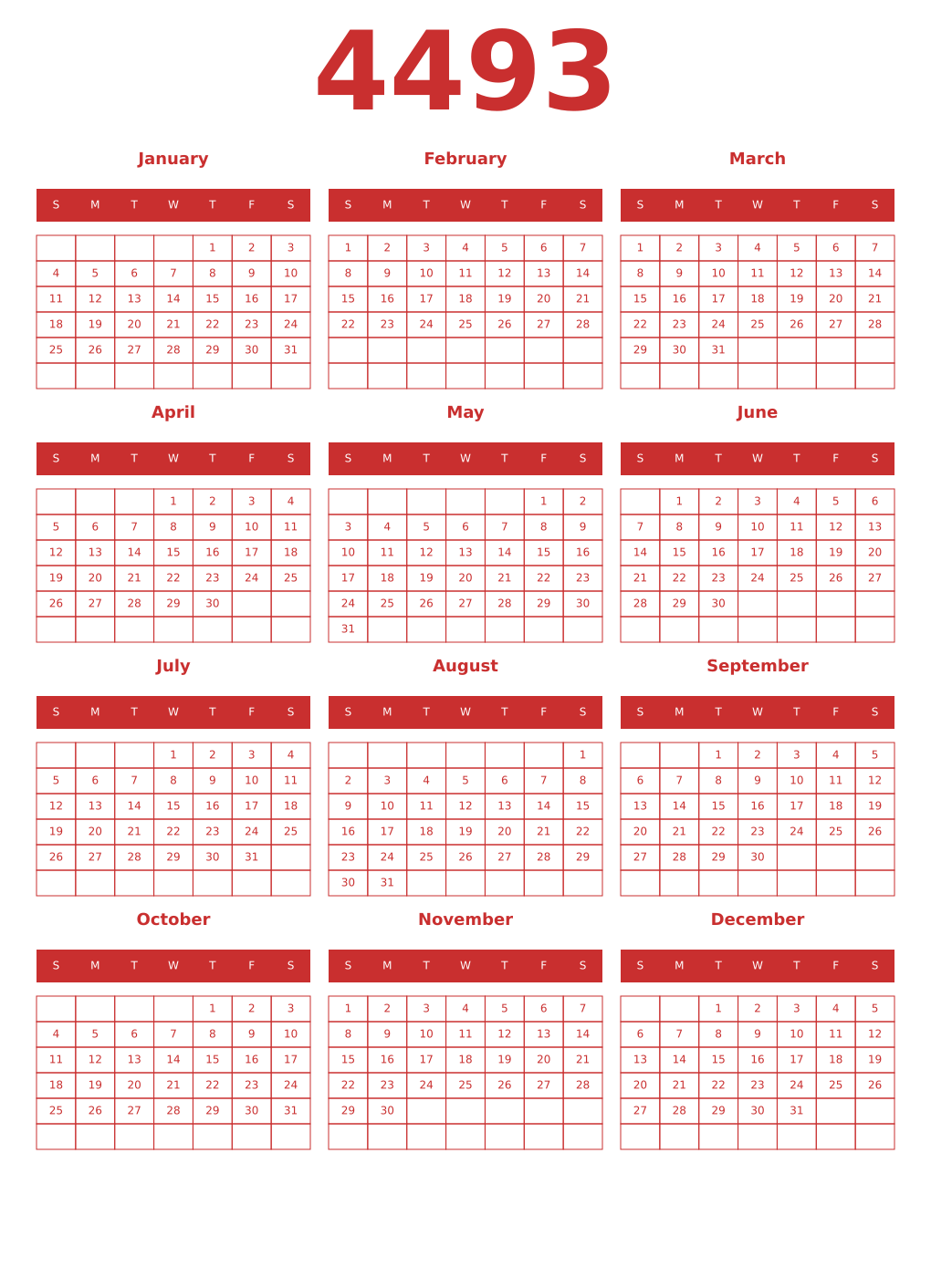 Printable 4493 Year Calendars red