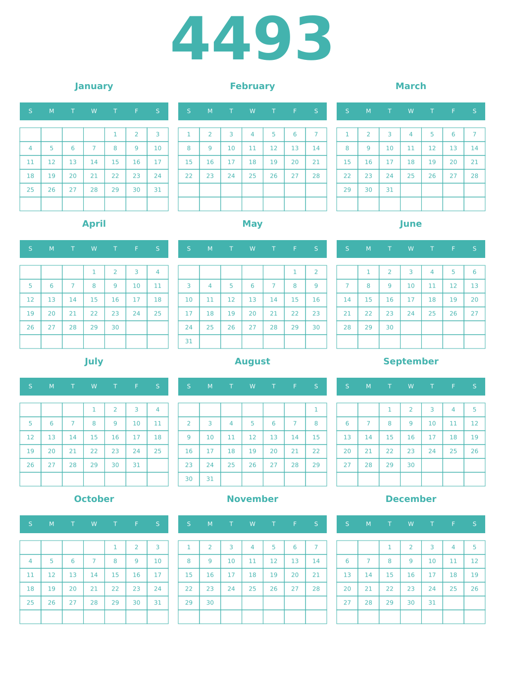 Printable 4493 Year Calendars verdigris