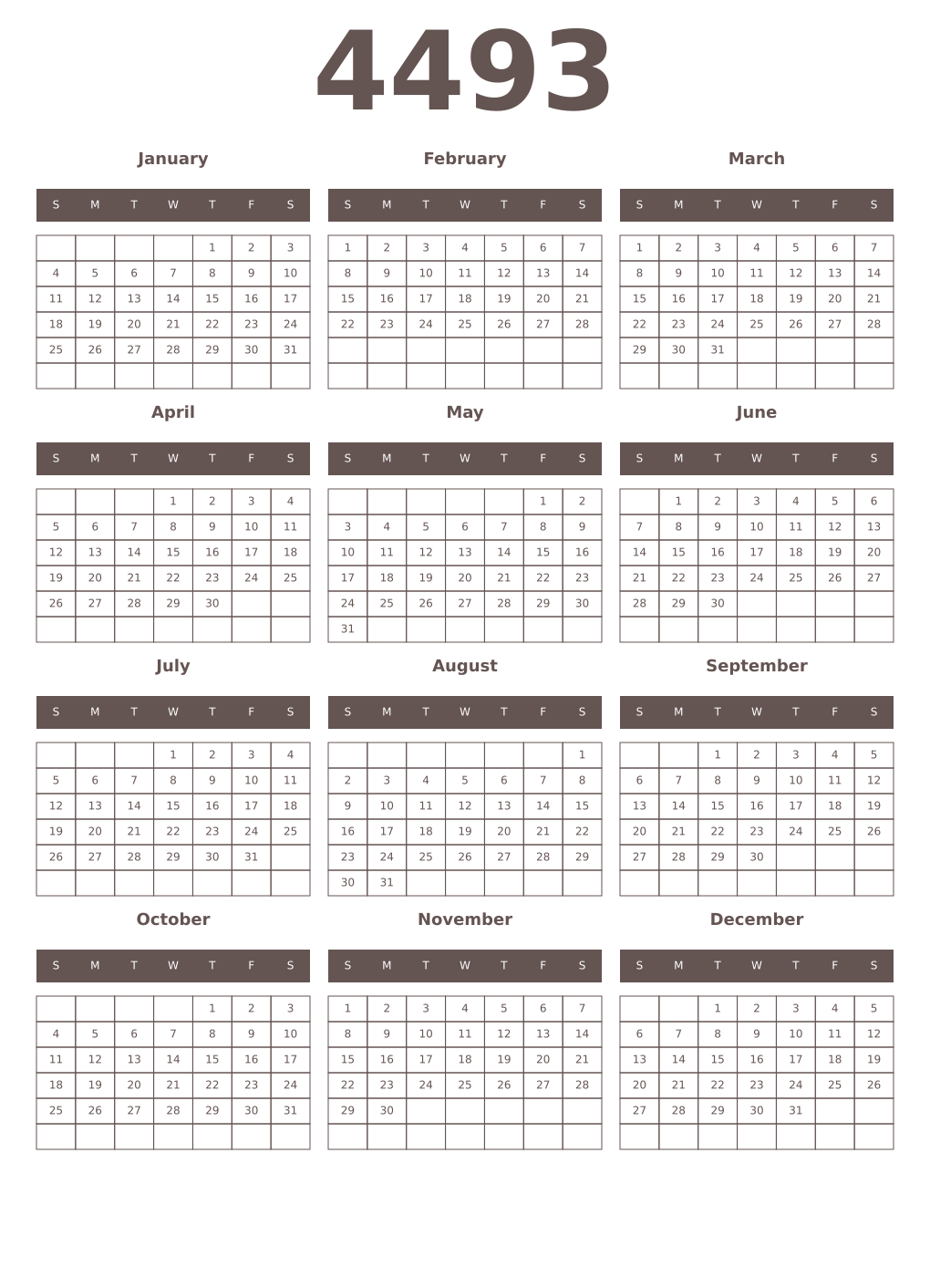 Printable 4493 Year Calendars wenge