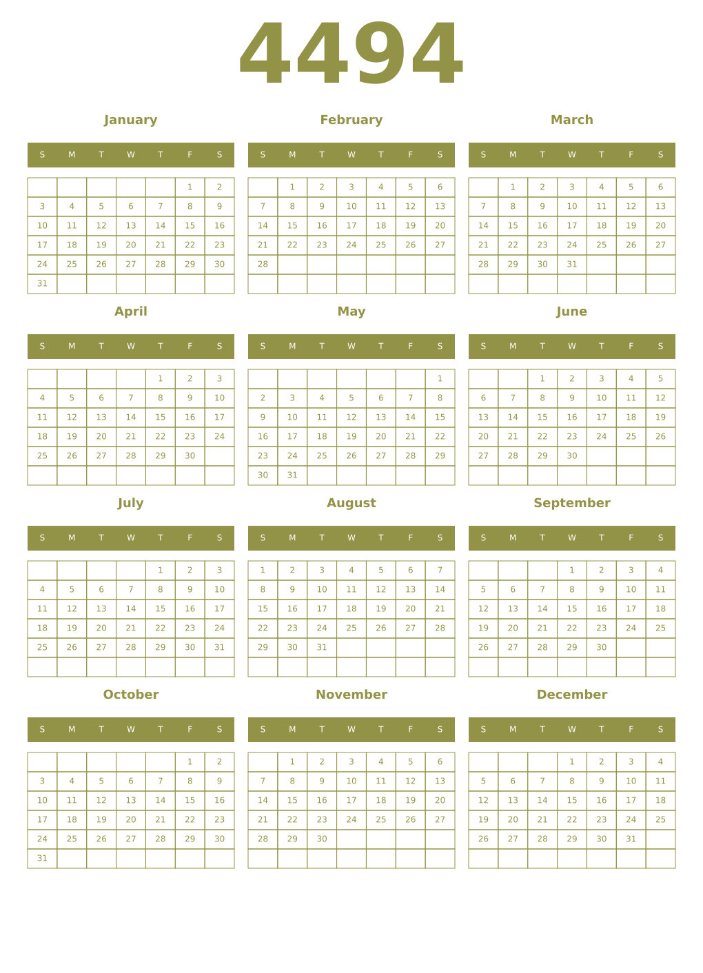 Printable 4494 Year Calendars eburnean