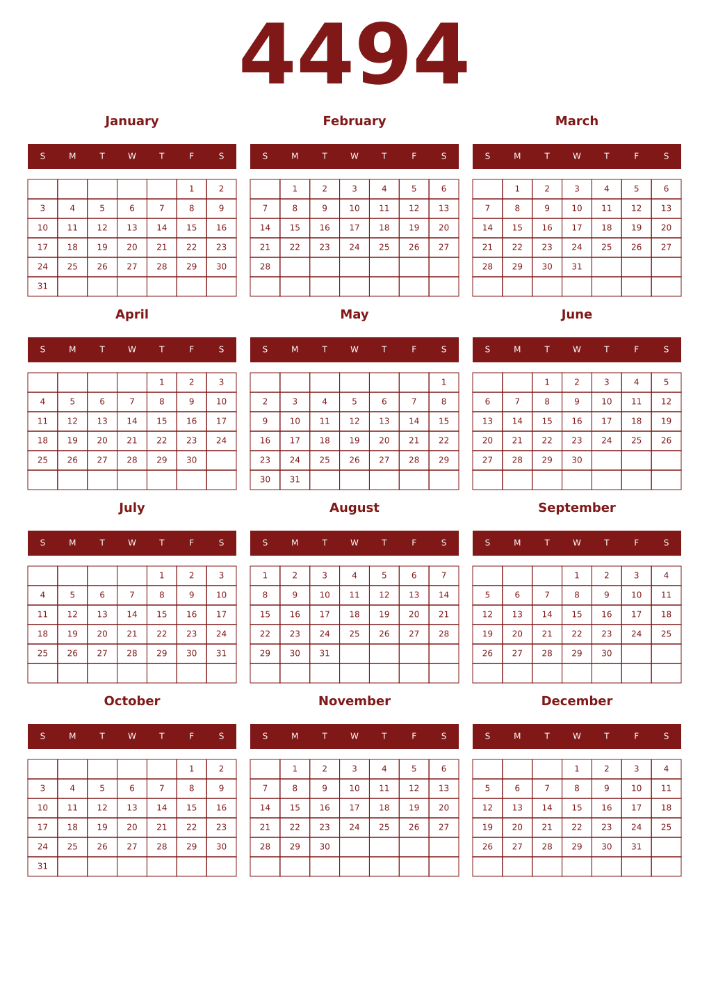 Printable 4494 Year Calendars falu