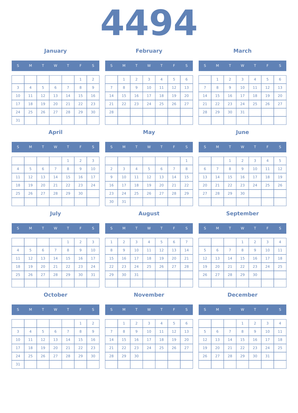 Printable 4494 Year Calendars glaucous