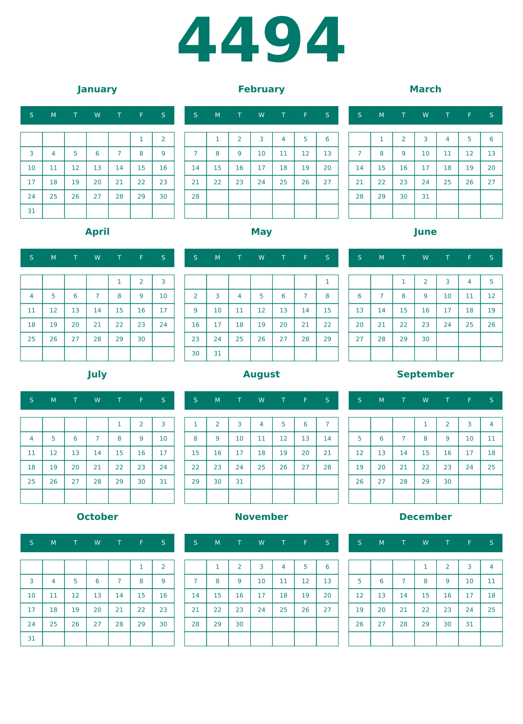 Printable 4494 Year Calendars pastel