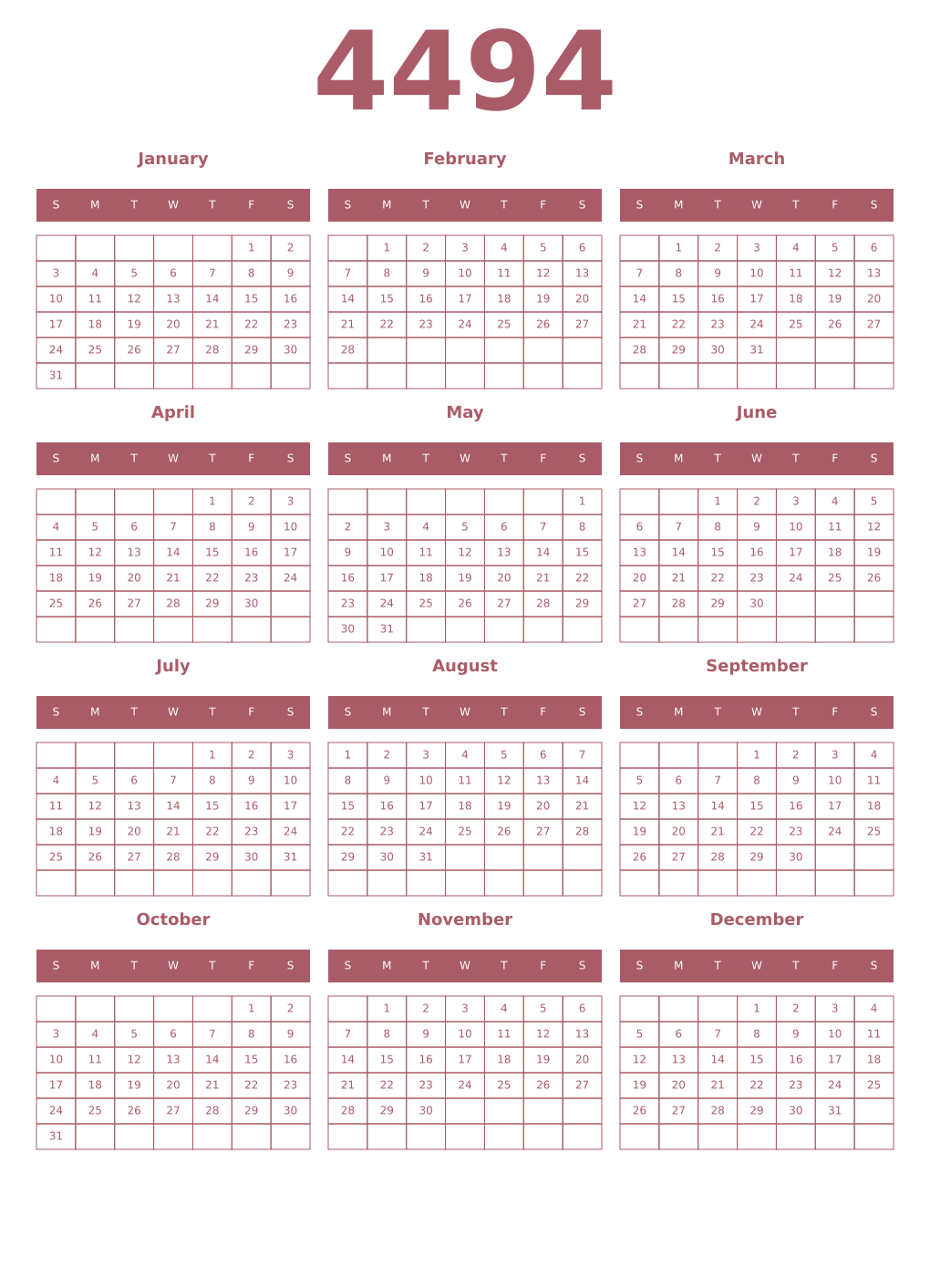 Printable 4494 Year Calendars puce