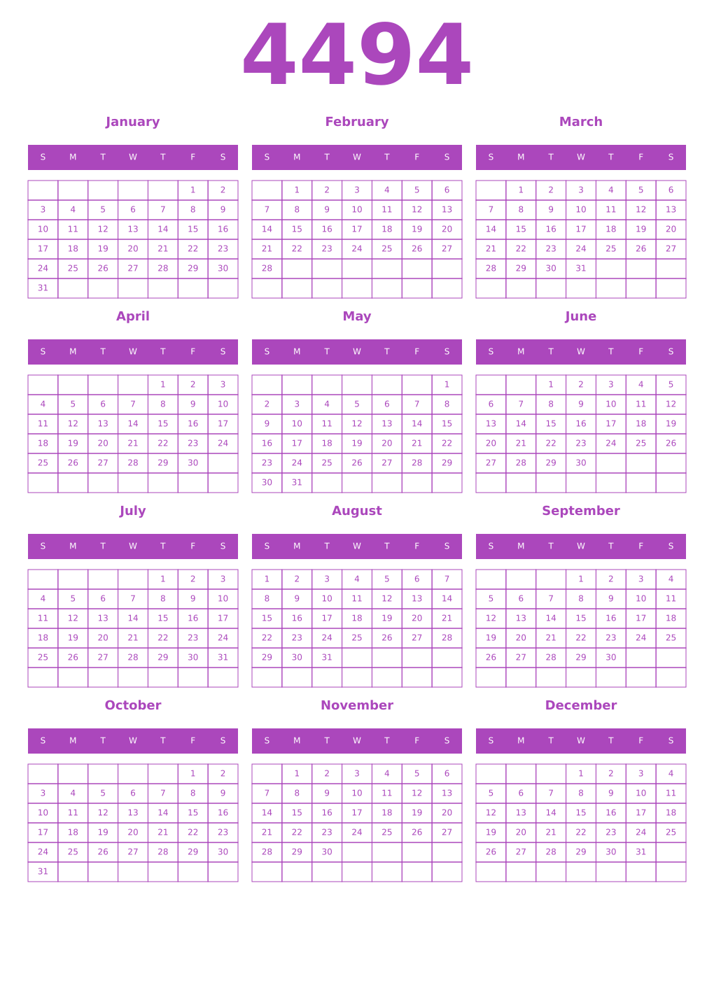 Printable 4494 Year Calendars purple