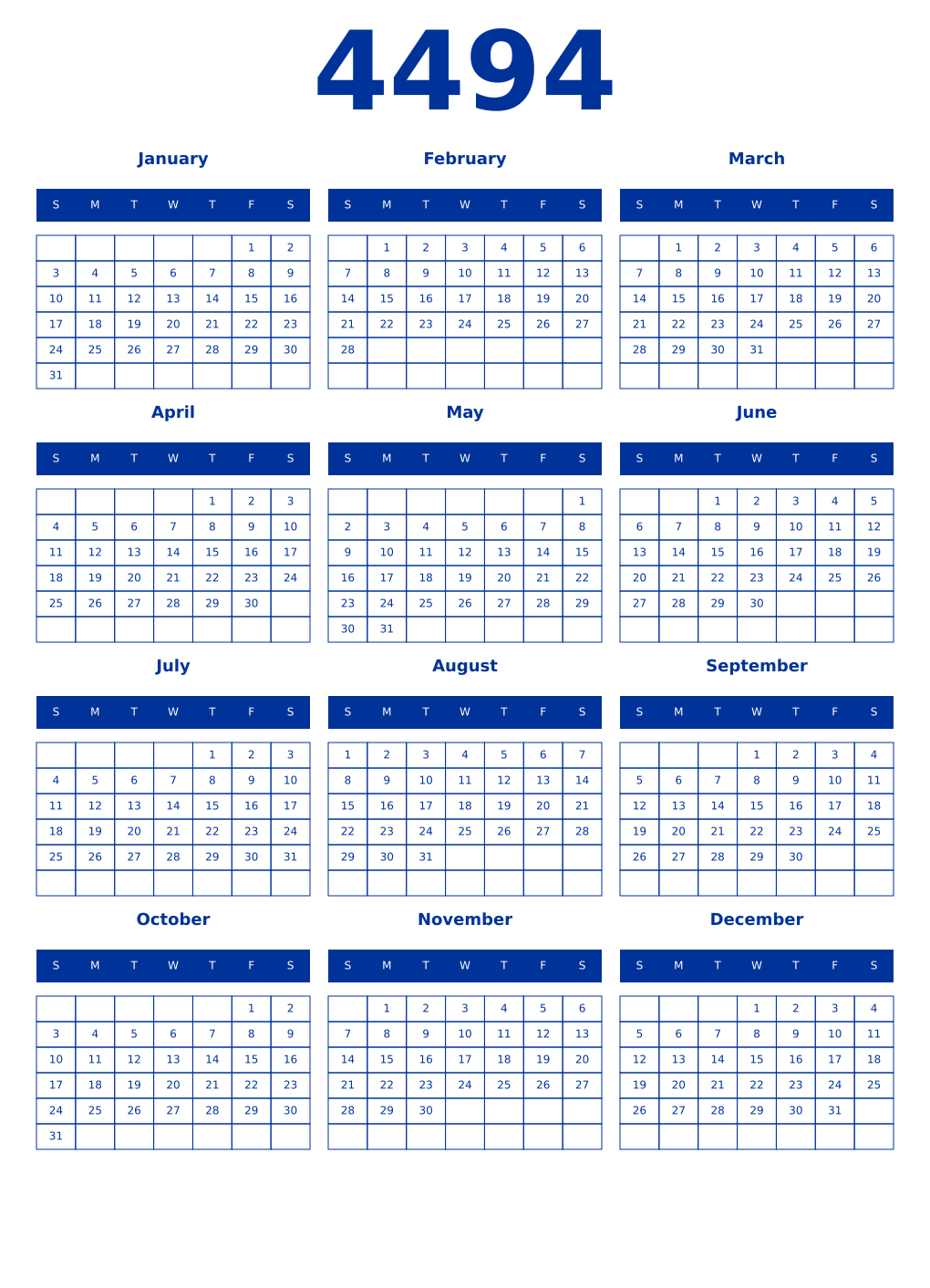 Printable 4494 Year Calendars smalt