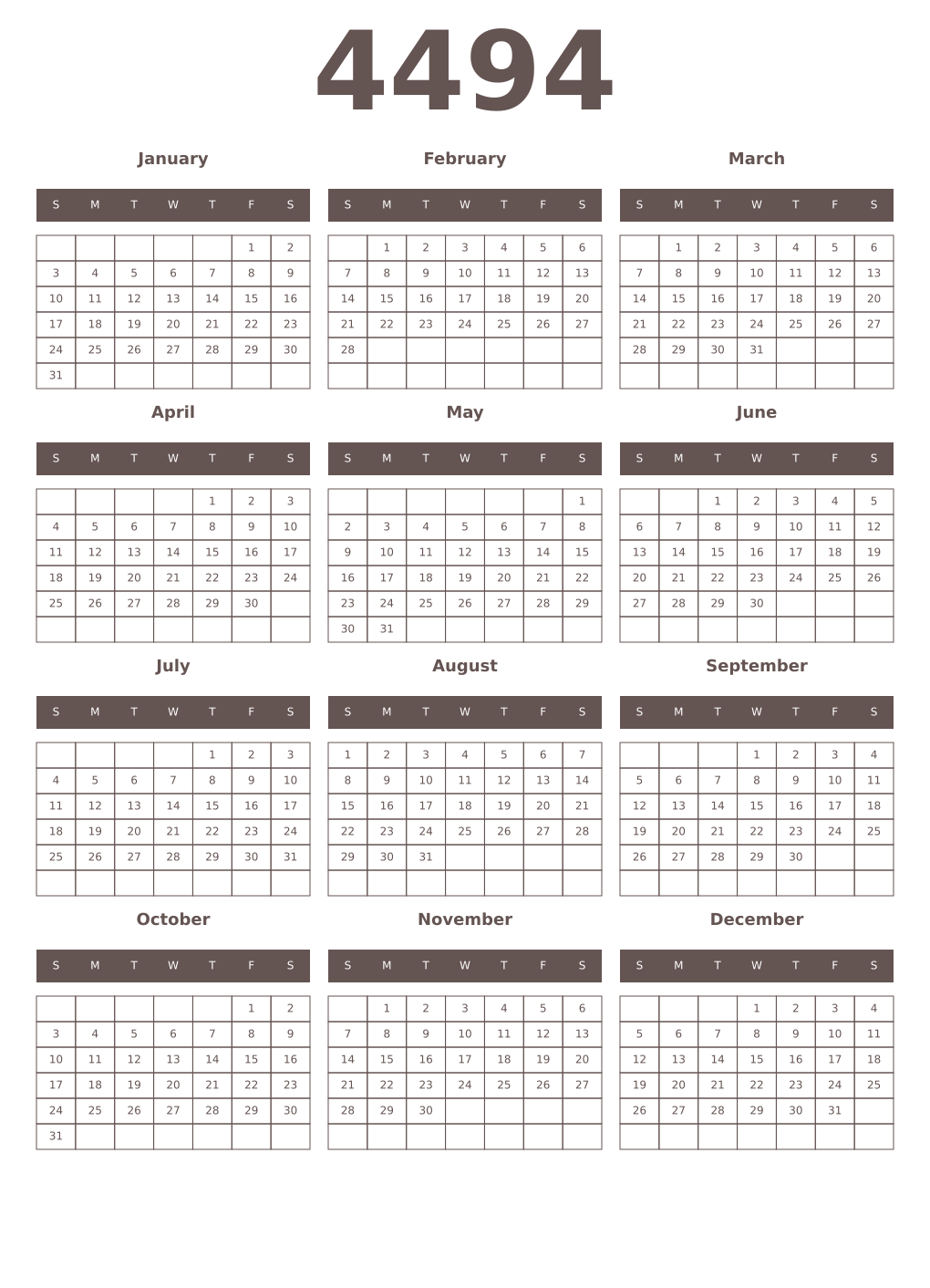 Printable 4494 Year Calendars wenge
