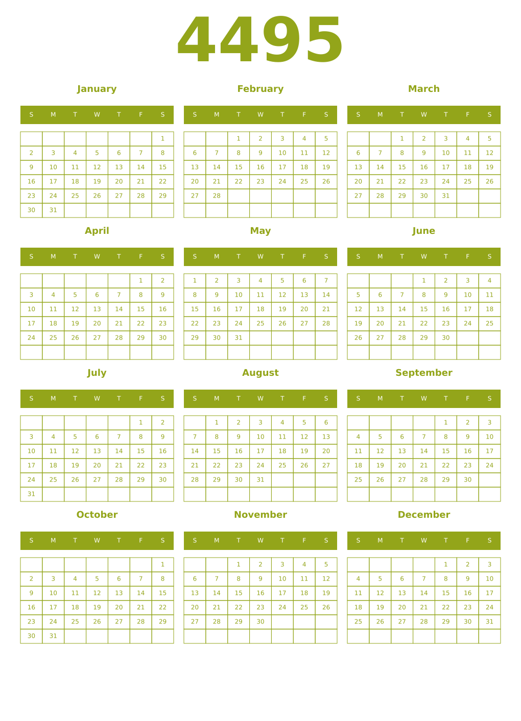 Printable 4495 Year Calendars chartreuse
