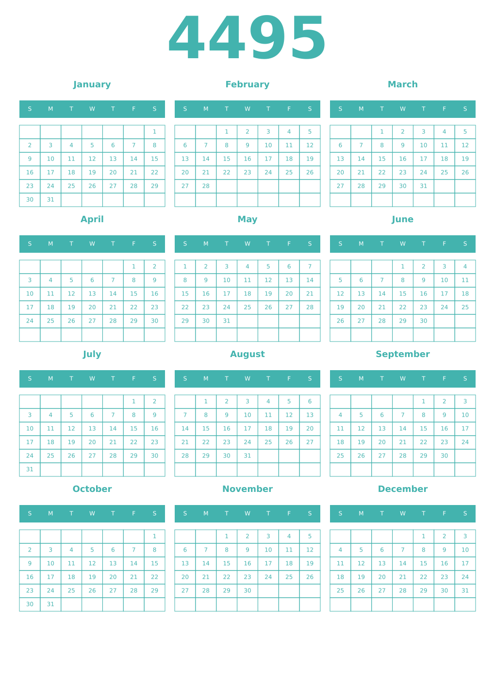 Printable 4495 Year Calendars verdigris