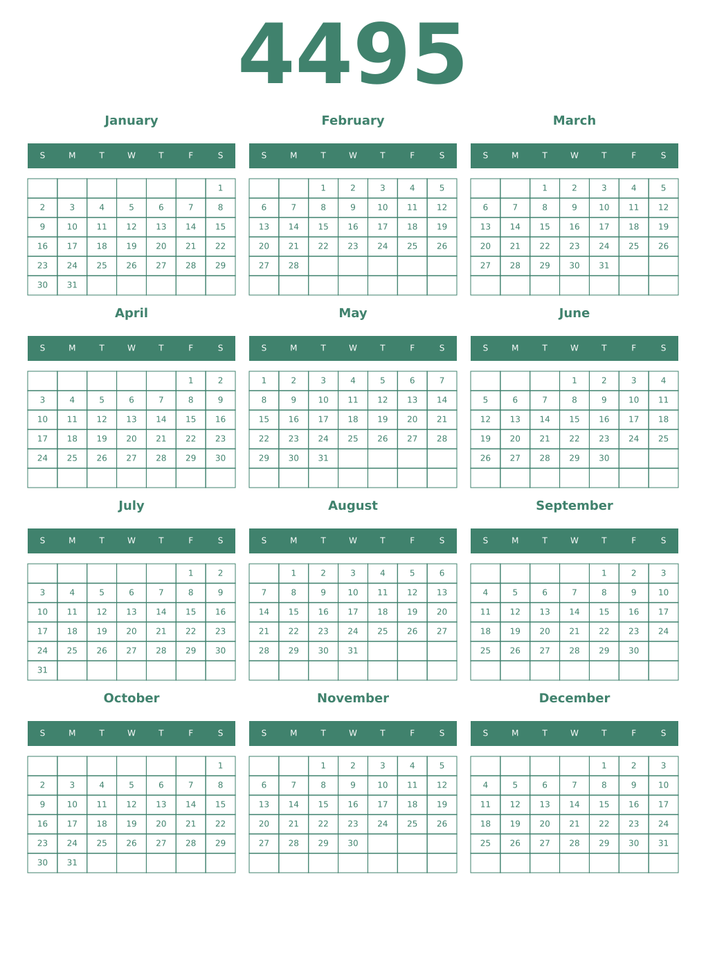 Printable 4495 Year Calendars viridian