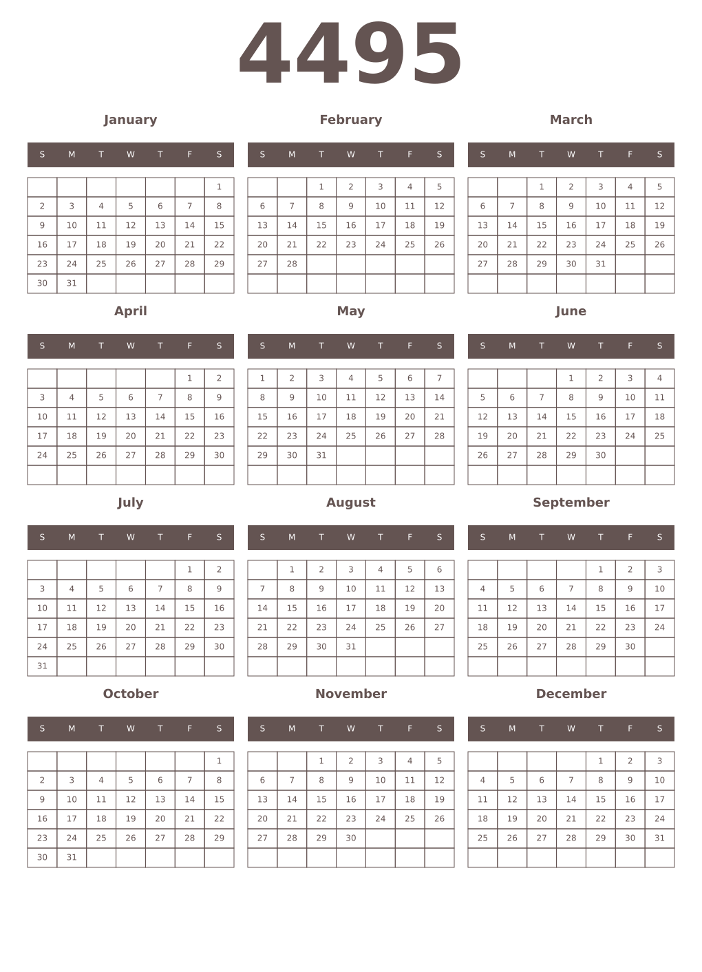 Printable 4495 Year Calendars wenge