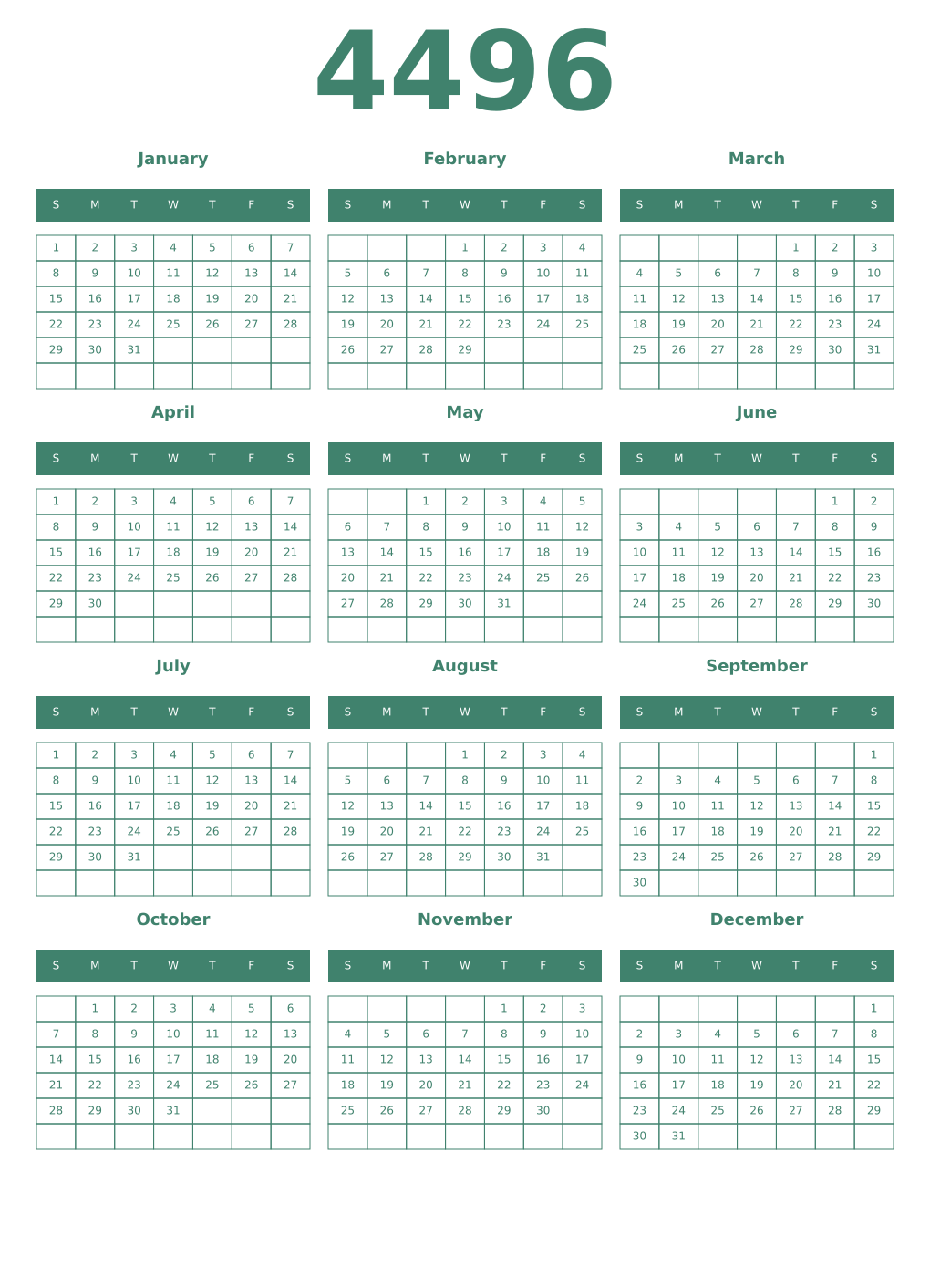 Printable 4496 Year Calendars viridian