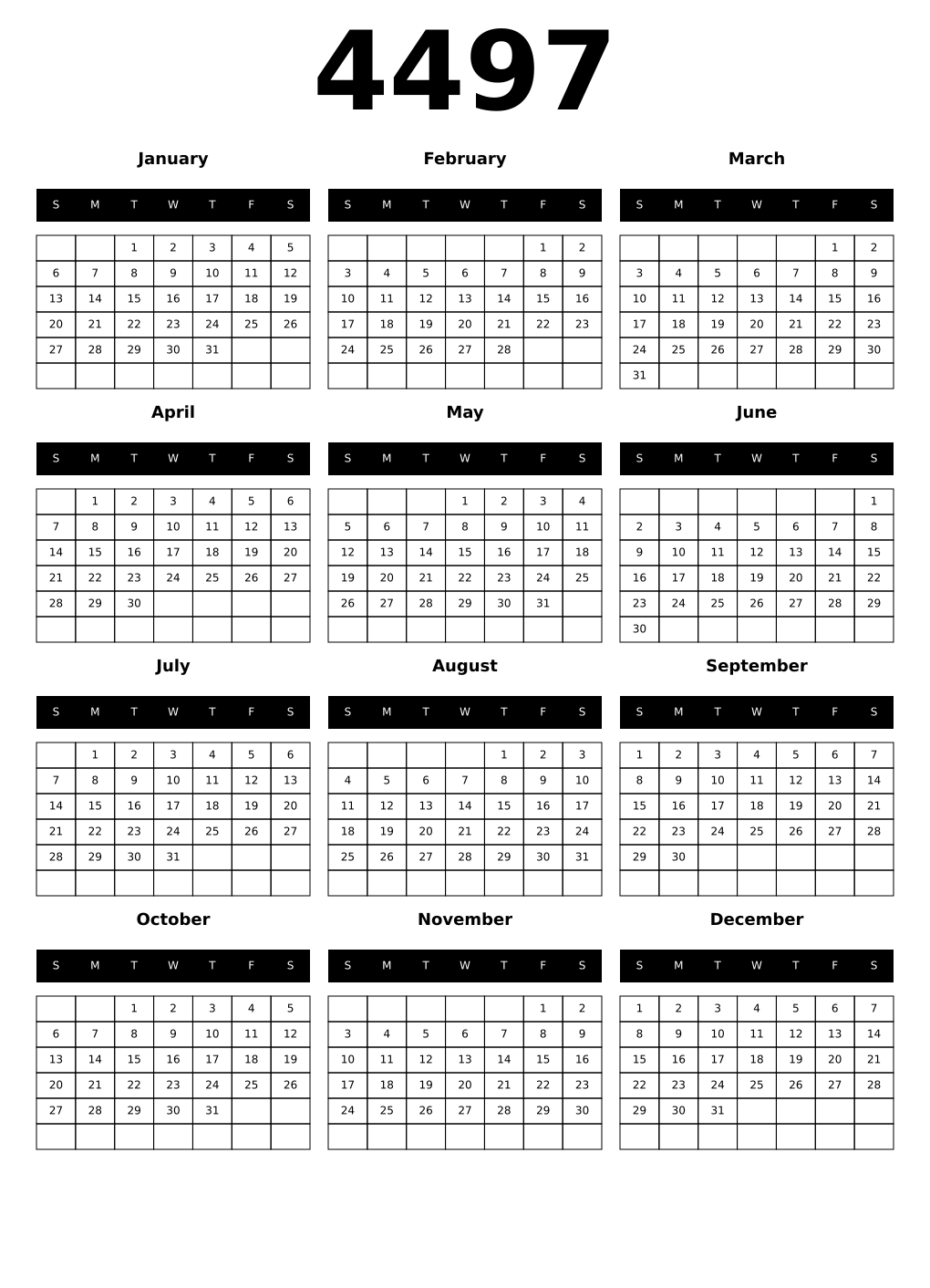 Printable 4497 Year Calendars black