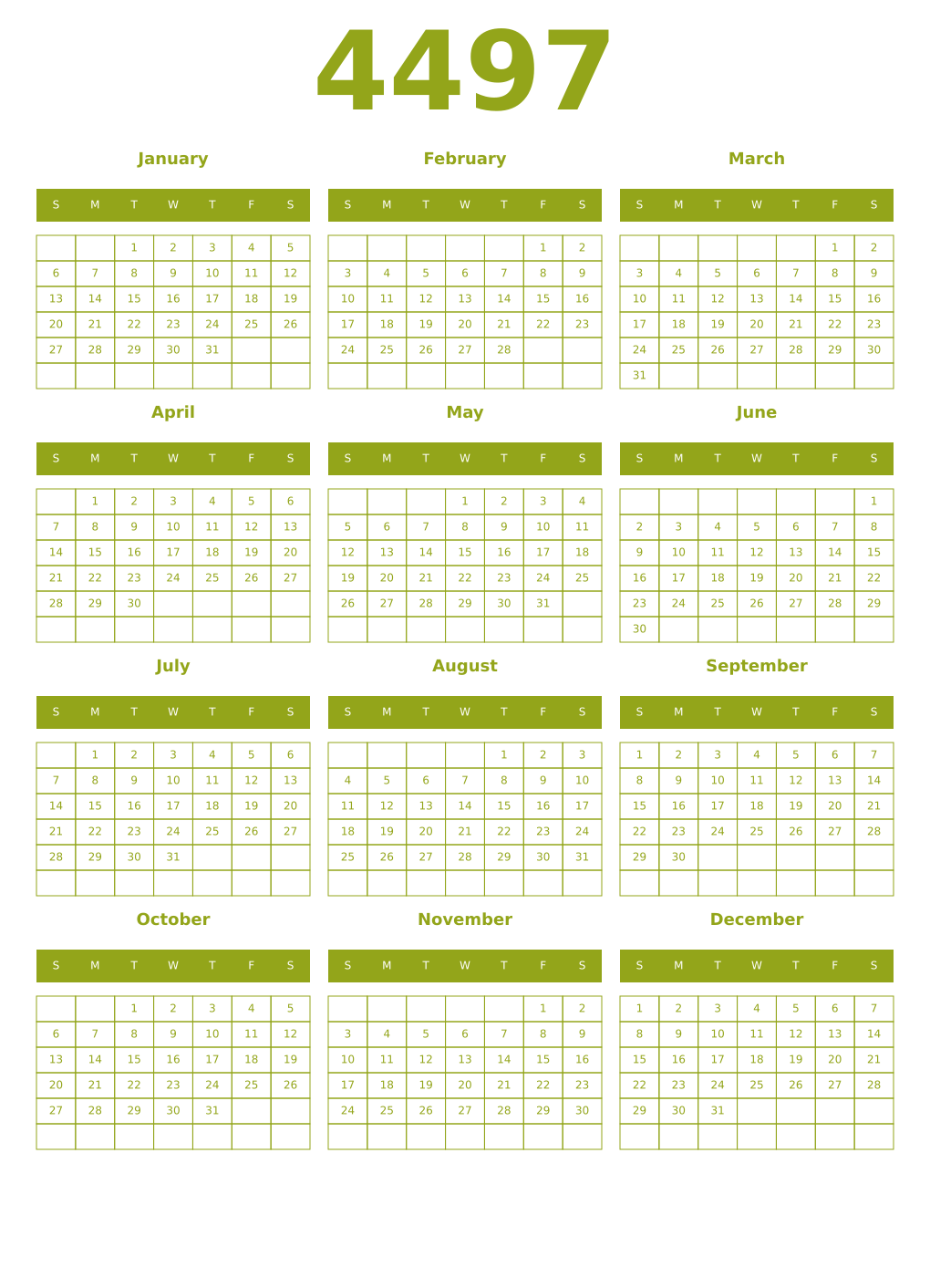 Printable 4497 Year Calendars chartreuse