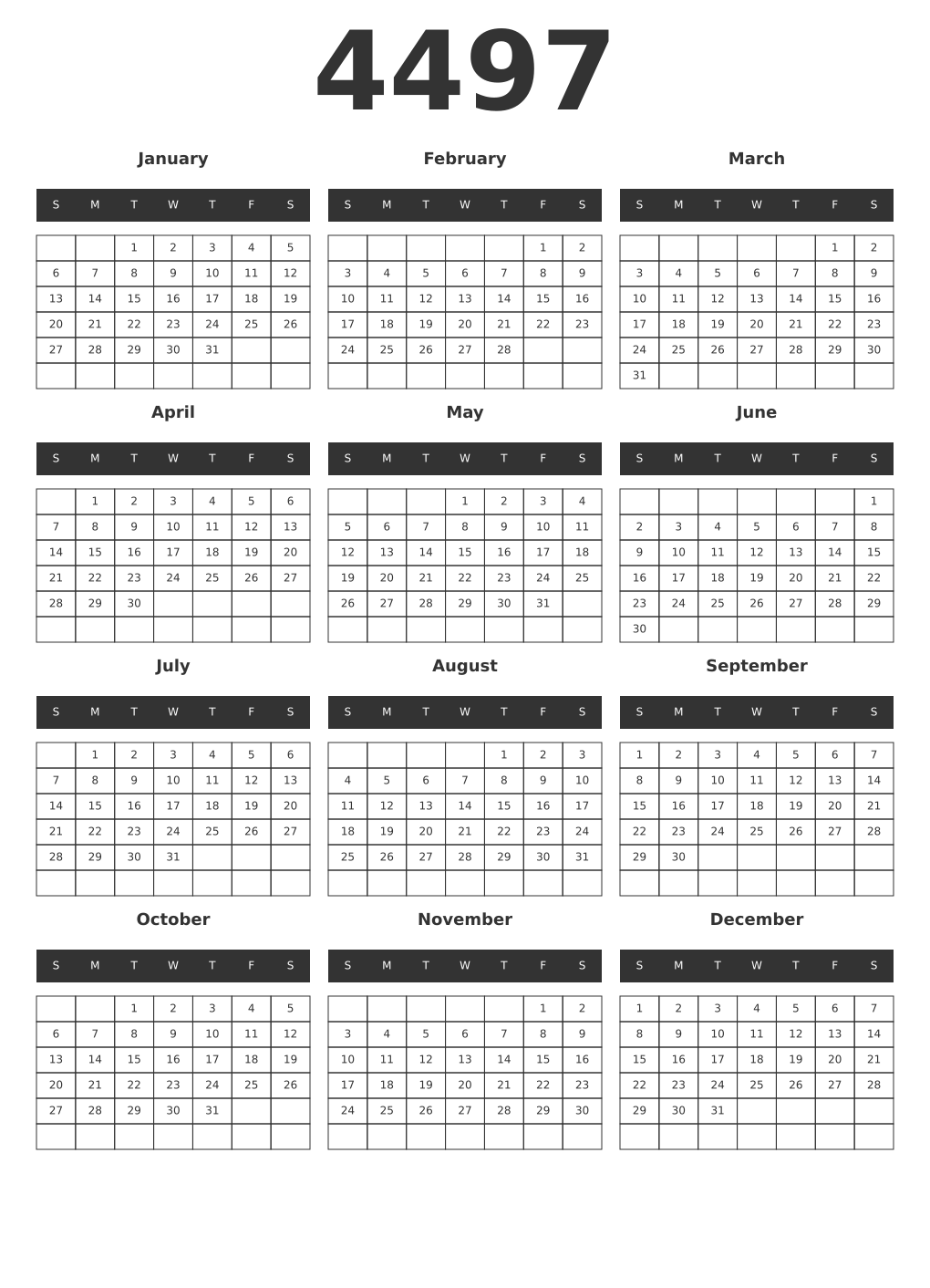 Printable 4497 Year Calendars dark