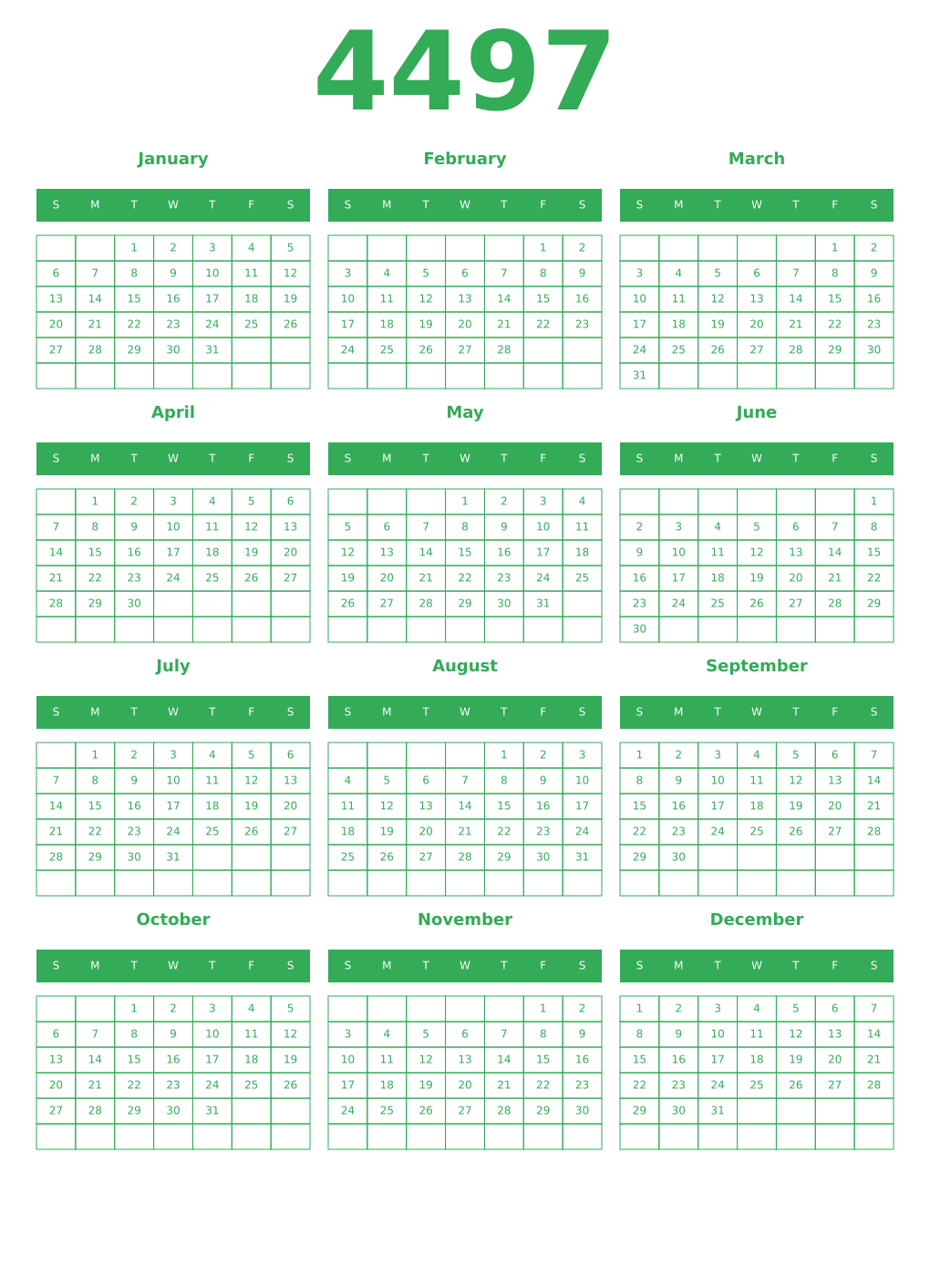 Printable 4497 Year Calendars green