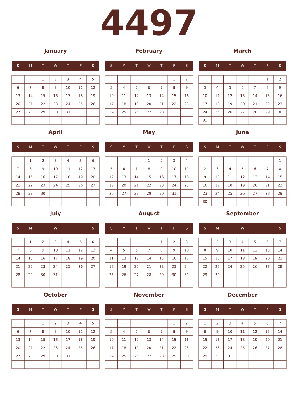 Printable 4497 Year Calendars mortuum