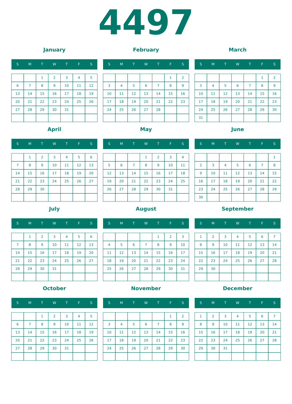 Printable 4497 Year Calendars pastel