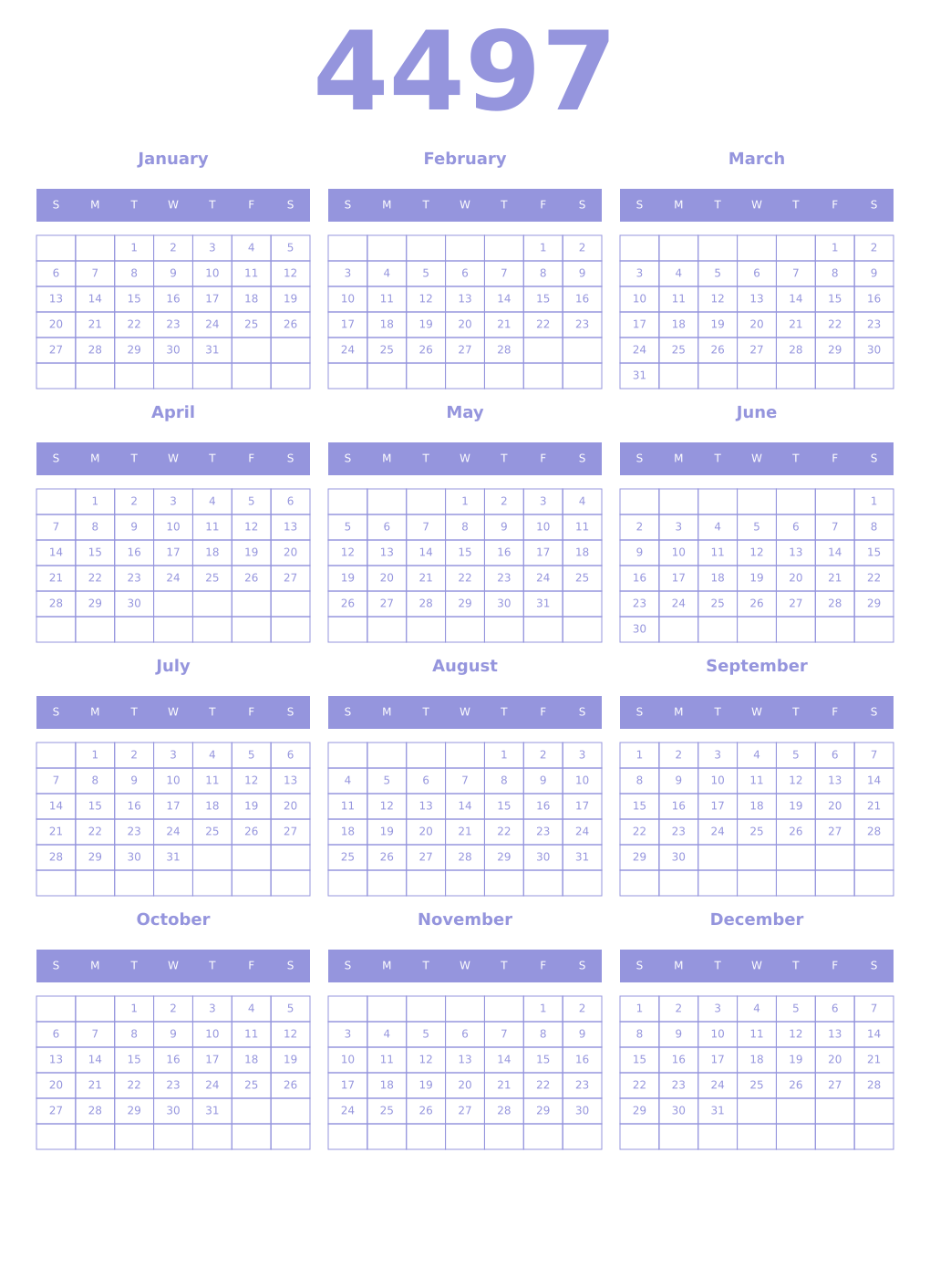 Printable 4497 Year Calendars periwinkle