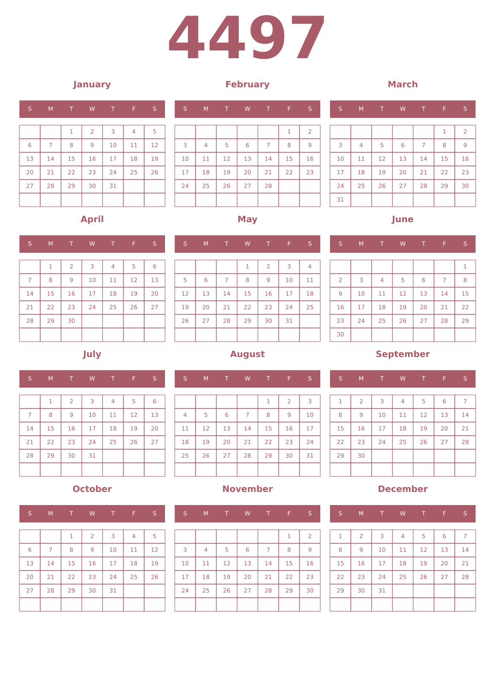 Printable 4497 Year Calendars puce