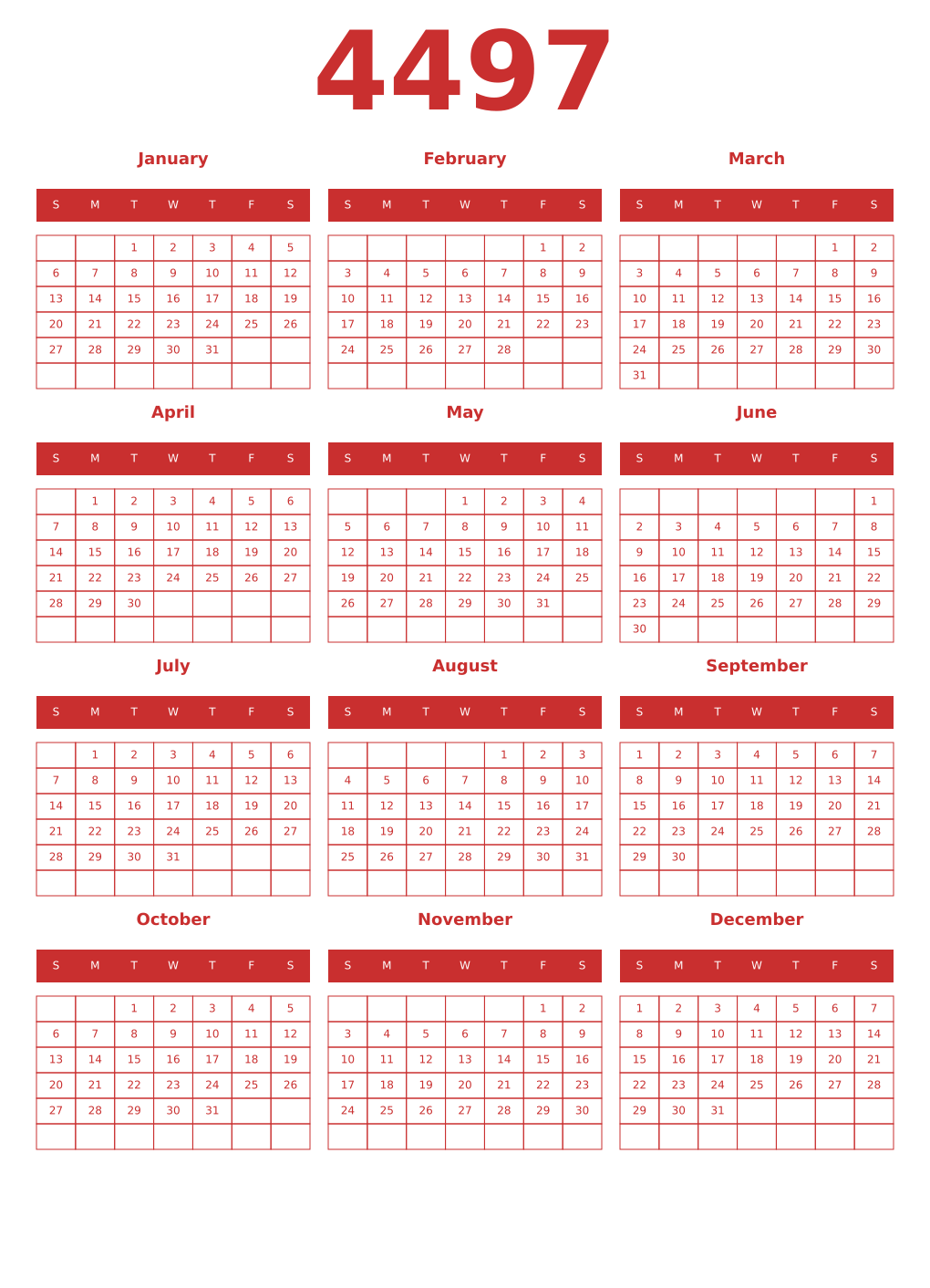 Printable 4497 Year Calendars red
