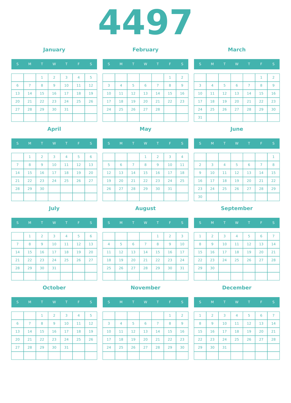 Printable 4497 Year Calendars verdigris