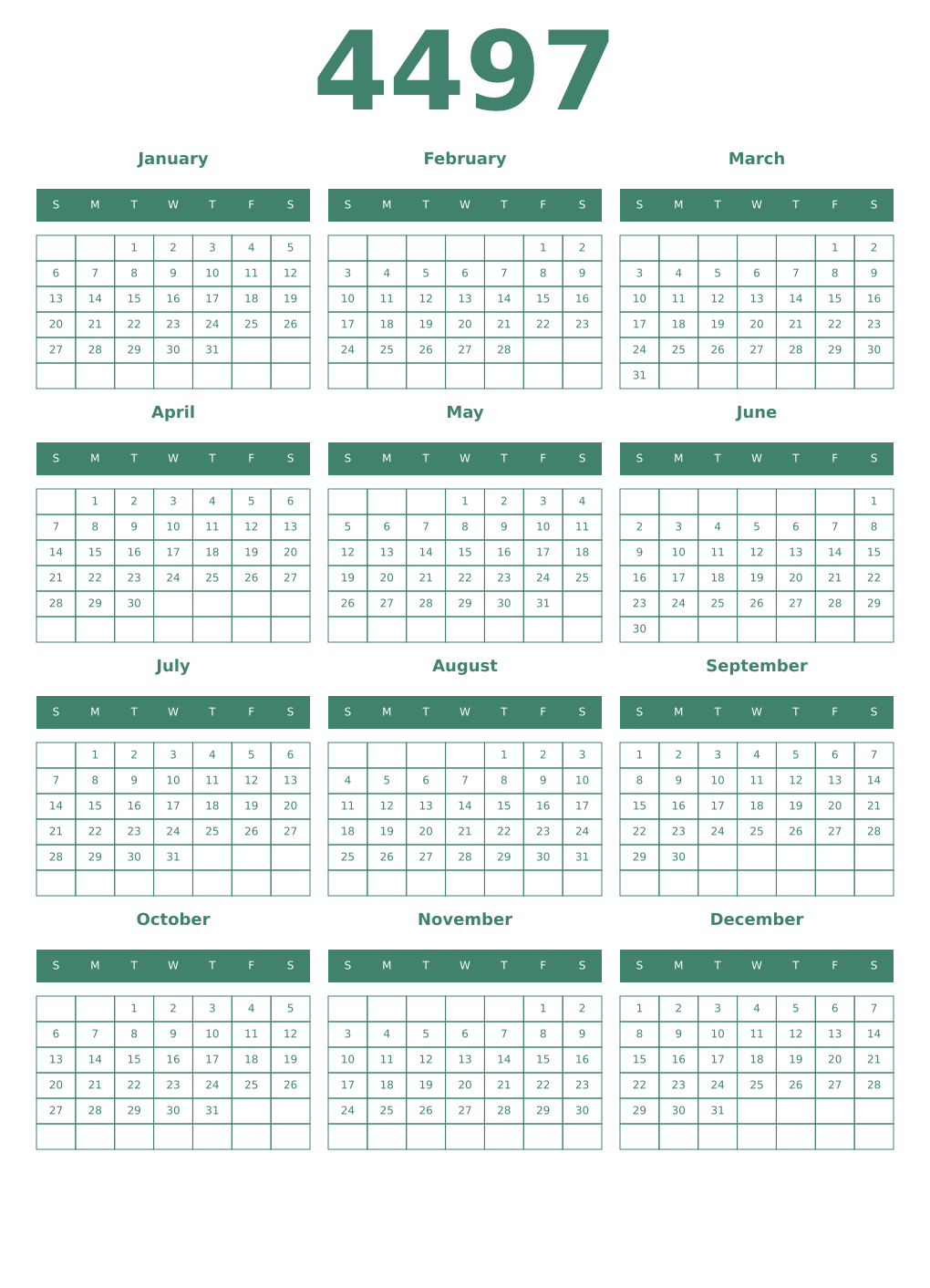 Printable 4497 Year Calendars viridian