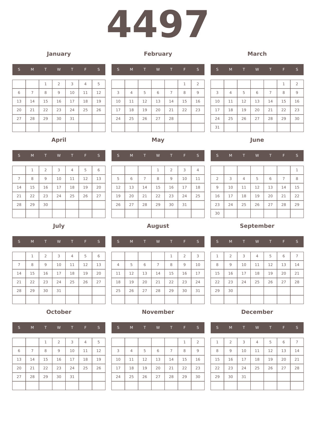 Printable 4497 Year Calendars wenge