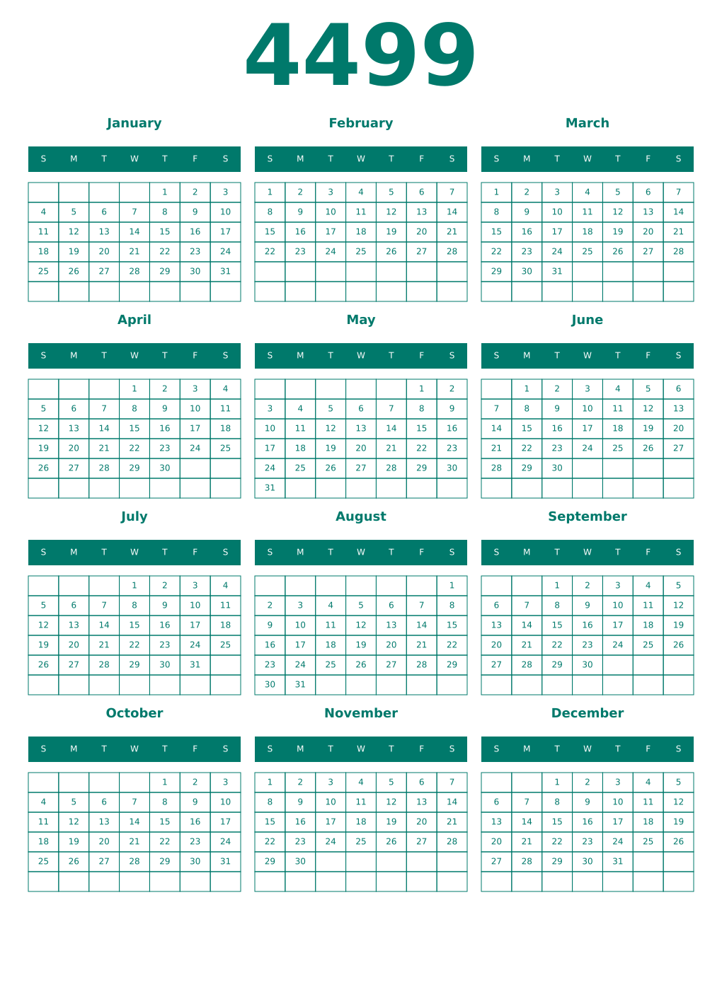 Printable 4499 Year Calendars pastel